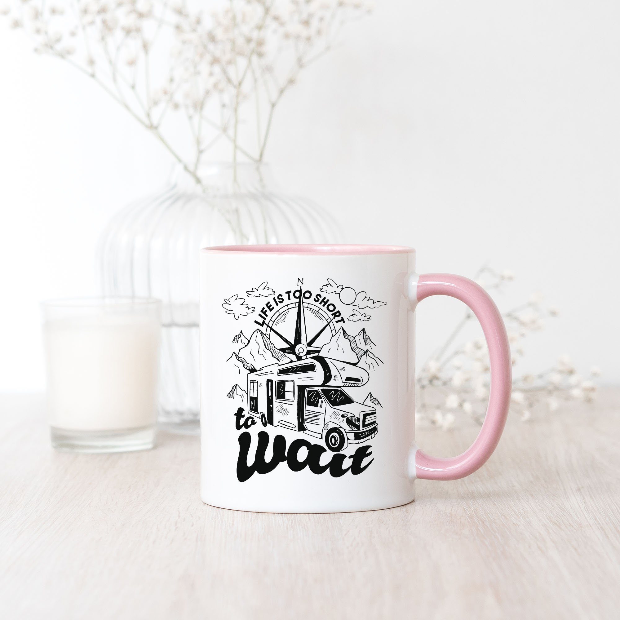 Hey!Print Tasse Camping Tasse mit Rosa Is Geschenk Spruch Womo Camper Too Wohnmobil Life Short für