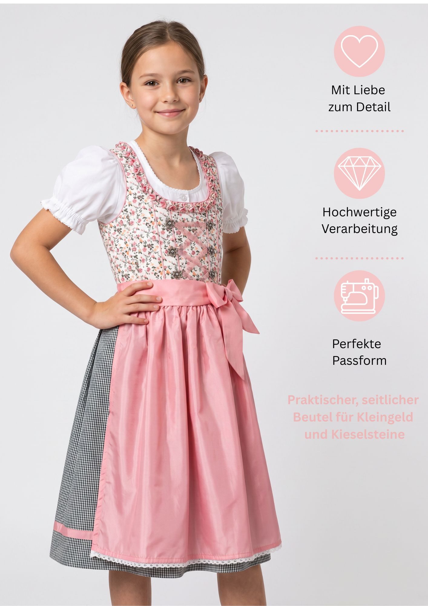 Nübler Dirndl Kinderdirndl 3-teilig Nina in Weiß von Nübler - Rocklänge knielang 3 teiliges Set aus Dirndl, Bluse und Schürze
