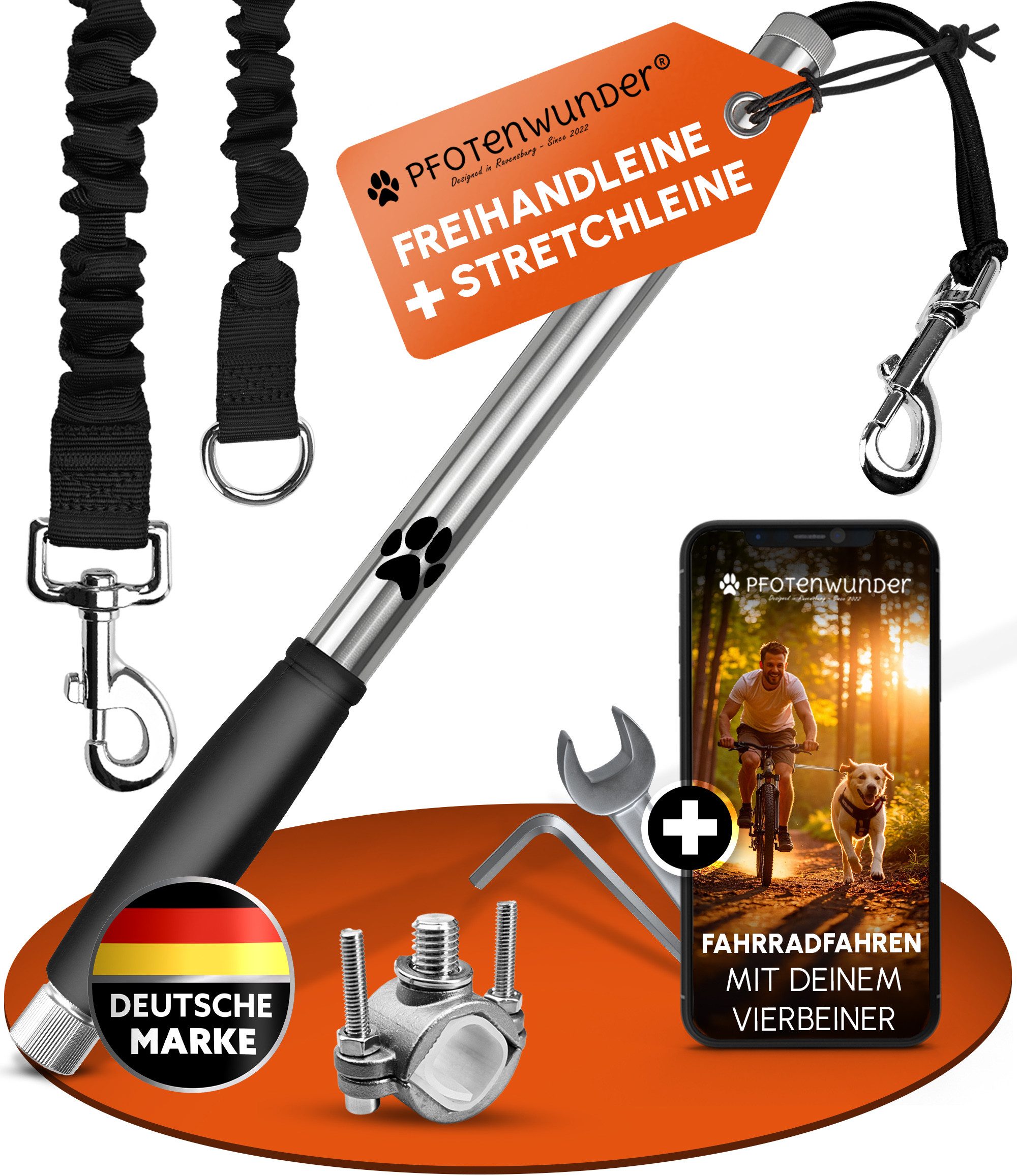 PfotenWunder Fahrradleine Hunde-Fahrradleine, extra 6mm-Leine, Abstandhalter