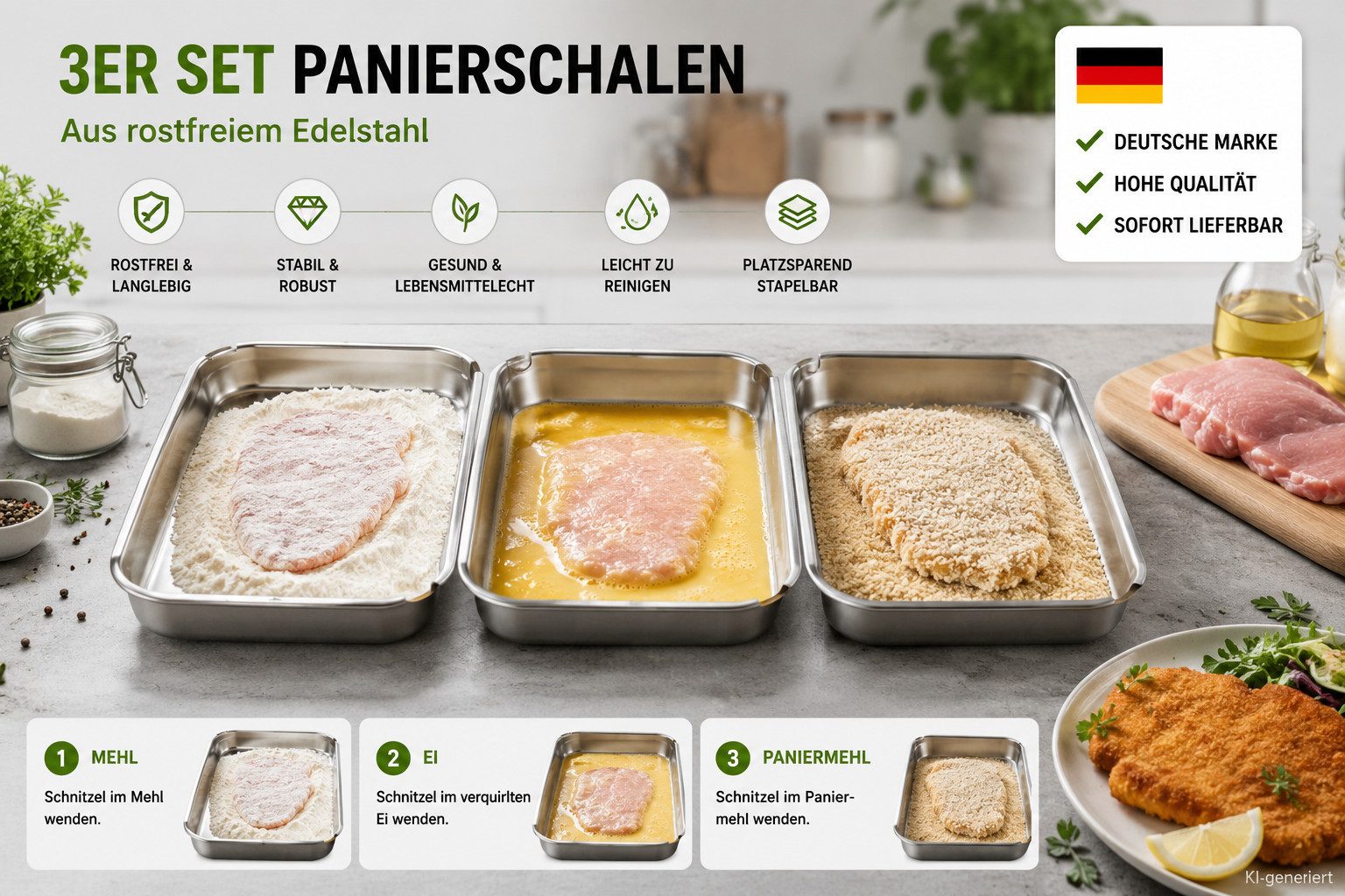 HH-Haushalt Panierschale Panierschalen Edelstahl 3er Set 22 x 14,5 cm rostfrei stapelbar, Edelstahl, (3-tlg)
