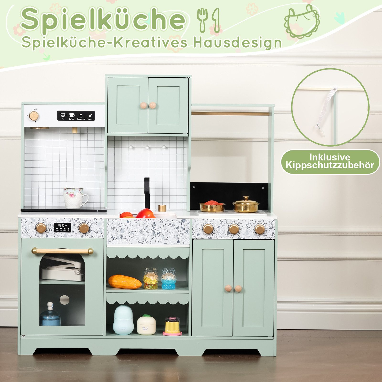 Flieks Spielküche Holz + Kunststoff, Kinderküche 30x90x98cm mit Zubehör