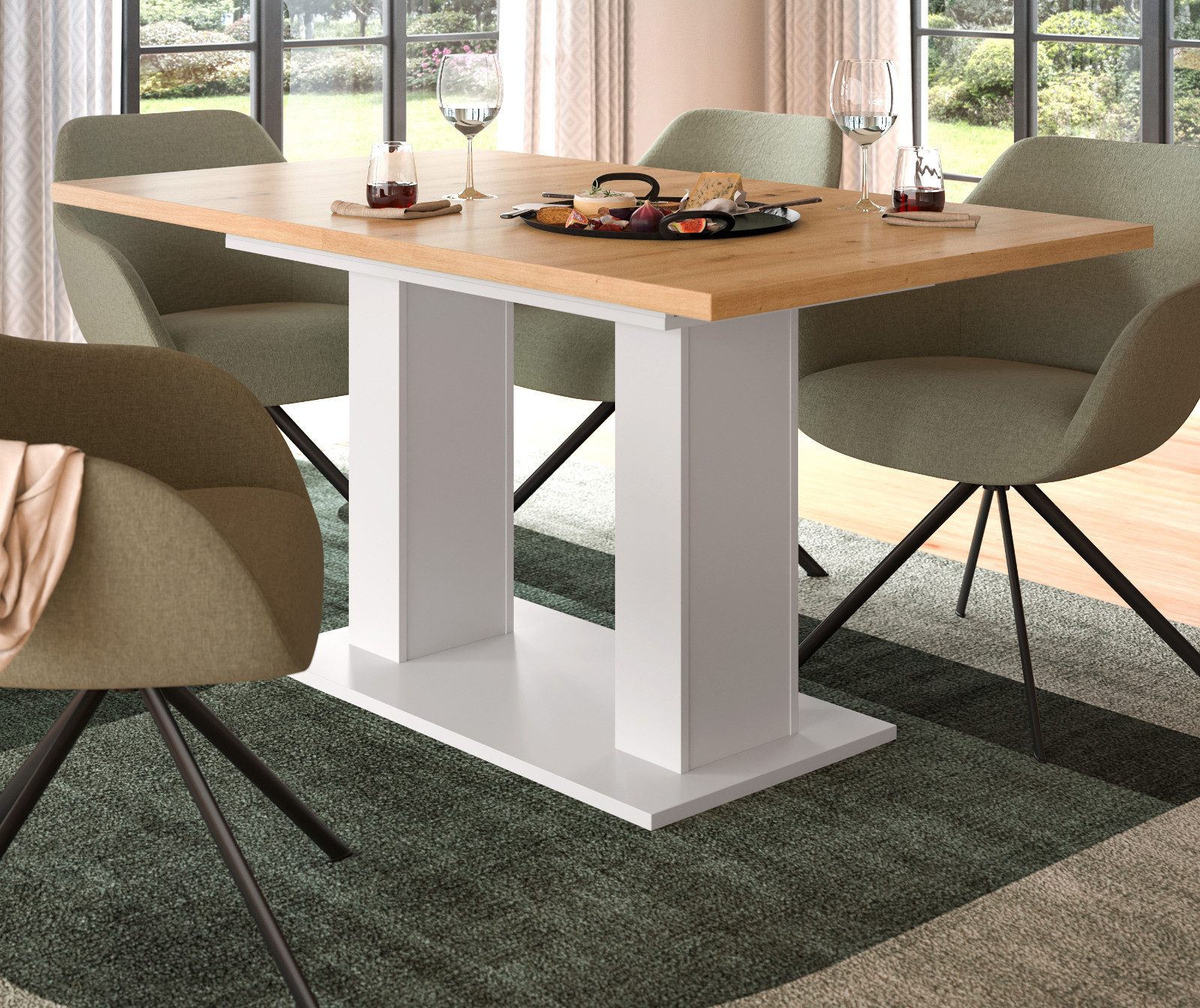 Inn.Furn Säulen-Esstisch Home-X (Küchentisch Weiß und Eiche Artisan, ausziehbar 150 - 190 cm), mit stabiler Doppel-Säule