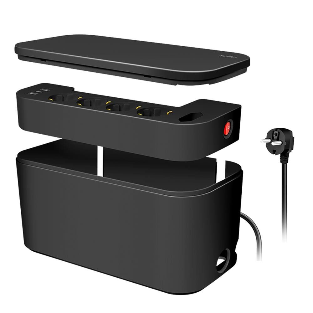 LogiLink Kabelbox LPS281U mit 5-fach-Steckdosenleiste, 3x USB, 285 x 145 x 13 mm, Kabelmanagement Box, Mehrfachsteckdose USB, 3600 W, Alltag, Schwarz