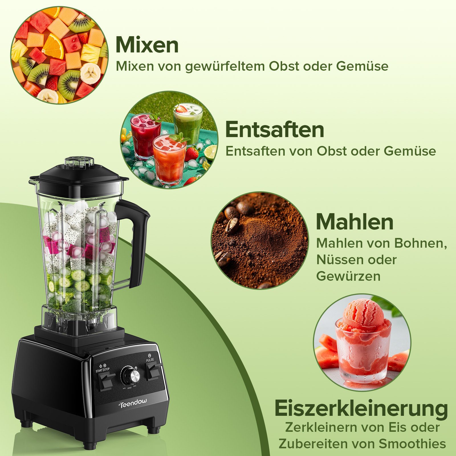Teendow Standmixer Standmixer Hochleistungsmixer 1800W 2L BPA frei Smoothie Mixer, 1800 W, mit Rührstab, Selbstreinigend, 6 Edelstahlklingen