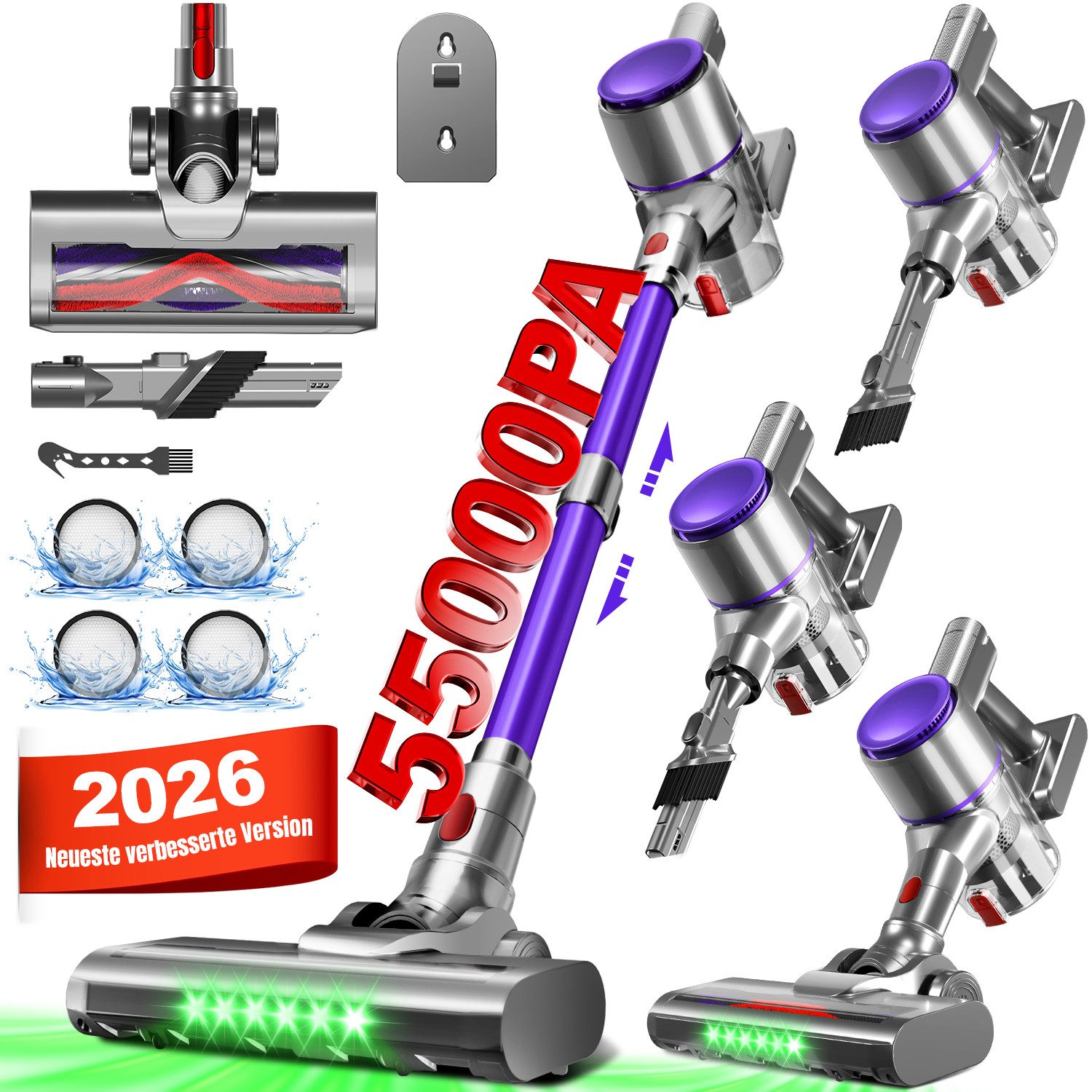 Adormii Akku-Hand-und Stielstaubsauger Akku staubsauger 55000Pa/50Min, Staubsauger Kabellos HEPA*4, 5-stufiges-8-Loch-Filtersystem,LED und V-förmige Anti-Tangle-Bürste, 58dB leise,für Teppich,Hartböden&Tierhaare