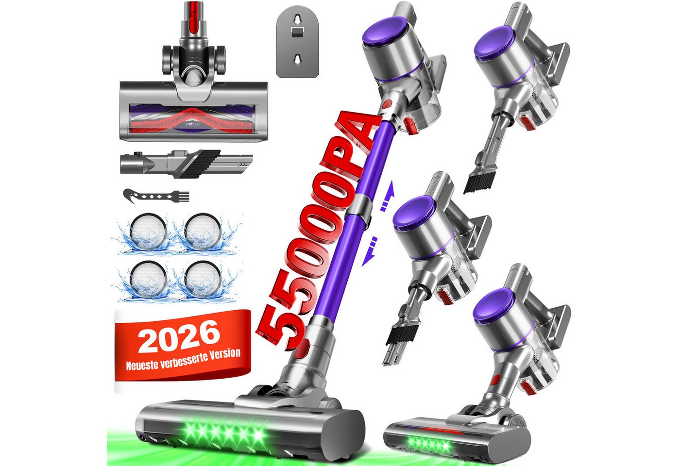 Adormii Akku-Hand-und Stielstaubsauger Akku staubsauger 55000Pa/50Min, Staubsauger Kabellos HEPA*4, 5-stufiges-8-Loch-Filtersystem,LED und V-förmige Anti-Tangle-Bürste, 58dB leise,für Teppich,Hartböden&Tierhaare
