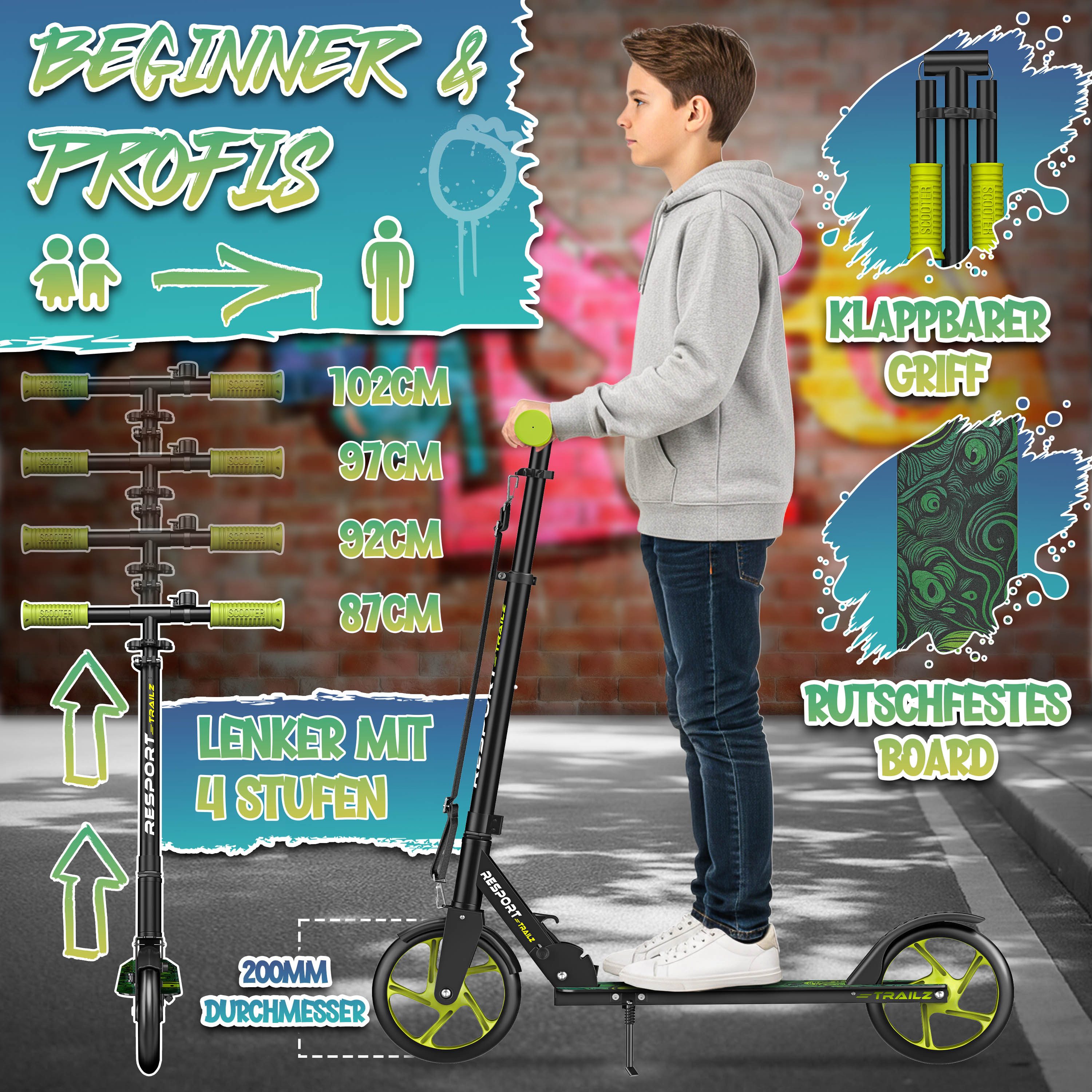 RE:SPORT Cityroller RE:SPORT® Trailz Cityroller Scooter inkl. Tragegurt und Klingel 200mm, (Scooter höhenverstellbar & klappbar, Kinderroller große Räder Kicksc – Bild 3 von 5
