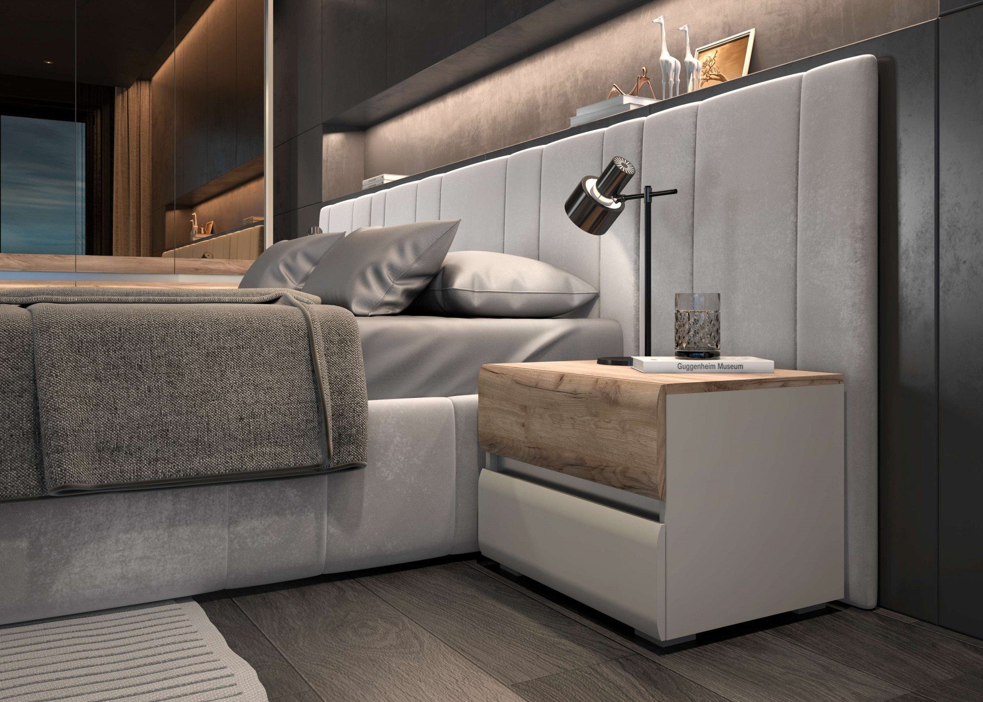 OTTO home Nachtkommode Invictus, UV lackiert (matt), mit Soft-Close-Funktion, grifflos (Trendfarbe cashmere kombiniert mit Eicheoptik), 2 Schubladen, 60/45/45cm (B/T/H), FSC-zertifiziert