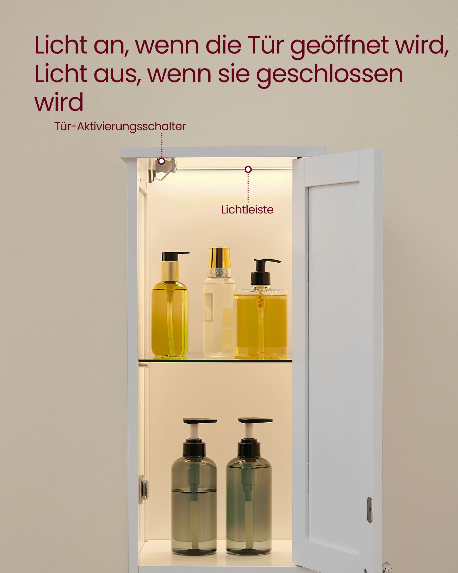 VASAGLE Badkommode Badezimmerschrank schlanker Badschrank mit Beleuchtung, 30 cm breit, mit verstellbaren Ablagen, modern, hoch, für kleine Räume – Bild 4 von 5