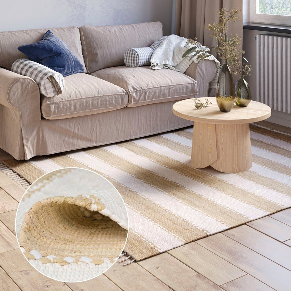 Teppich Benja, my home, rechteckig, Höhe: 10 mm, Handweb Teppich,  gestreift, reine Baumwolle, handgewebt, mit Fransen