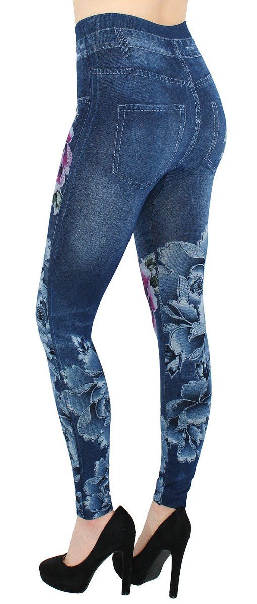 Jeggings Thermoleggings WL046-BigPinkFlowers Gefüttert Leggings Gefüttert Damen Thermo Jeans-Optik Hochbund dy_mode Leggins