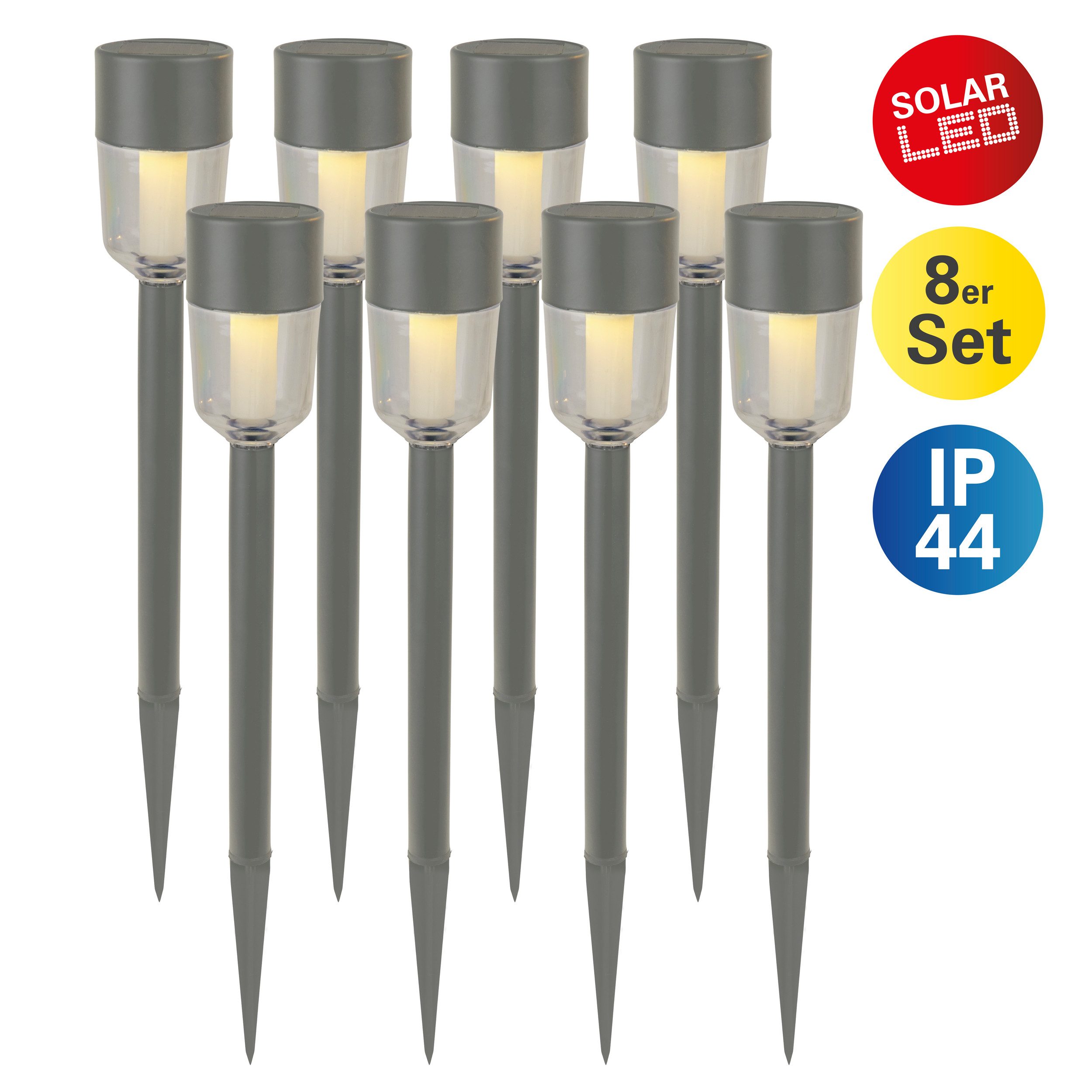 näve LED Solarleuchte Doha, LED fest integriert, Warmweiß, 8er-Set Dekoerdspieß, je H: 35,5cm, grau, LED warmweiß, Leuchtdauer 8h