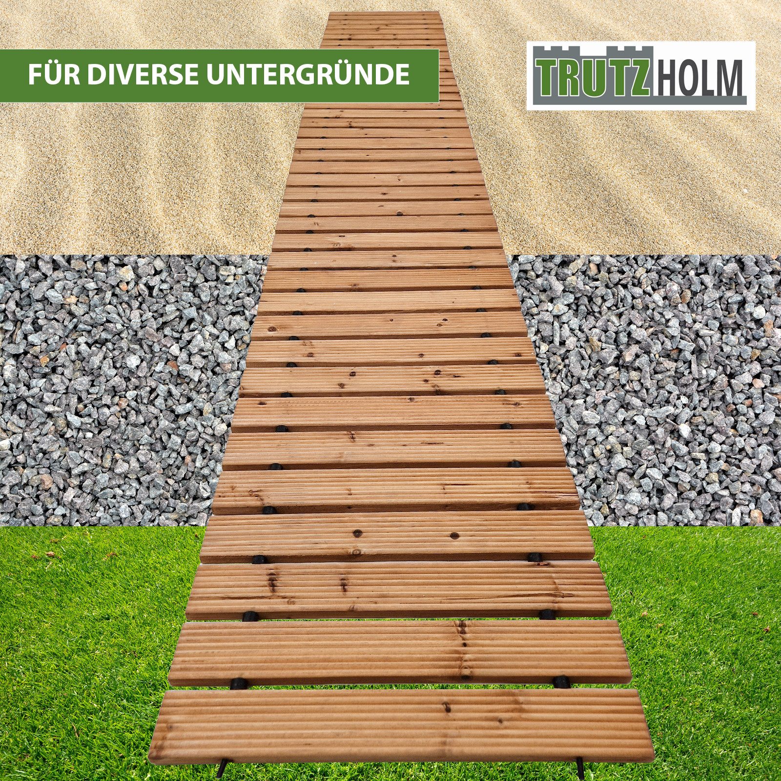 TRUTZHOLM Gartensteg Holzpfad ausrollbar 250x43x2 cm rustikales Tannenholz Anti-Rutsch