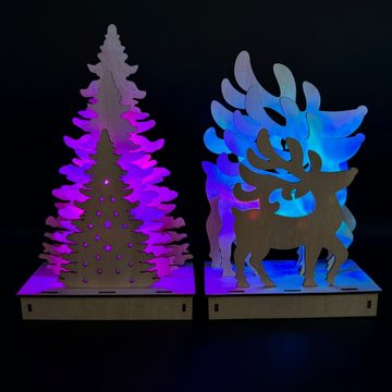 Online-Fuchs LED-Dekofigur als 2er Set Weihnachtsfiguren Rentier und Tannenbaum (Weihnachts-Deko, Farbe: warmweiß oder Farbwechsel einstellbar), aus Holz, mit 6-Stunden-Timer, Maße (HxBxT) ca. 25x15x7 cm