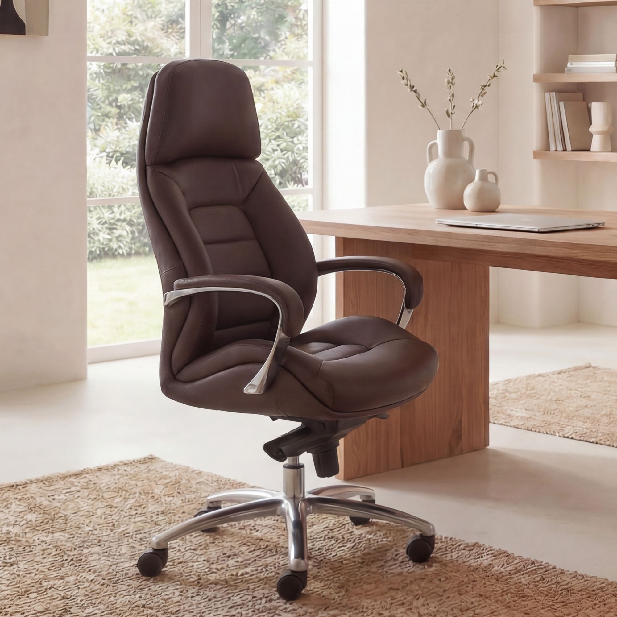 FINEBUY Chefsessel Bürostuhl Echtleder Ergonomisch XXL Drehstuhl 120 kg Stuhl (Echtleder Braun, Schreibtischstuhl bis 120 kg), Bürostuhl höhenverstellbar, Drehstuhl Wippfunktion