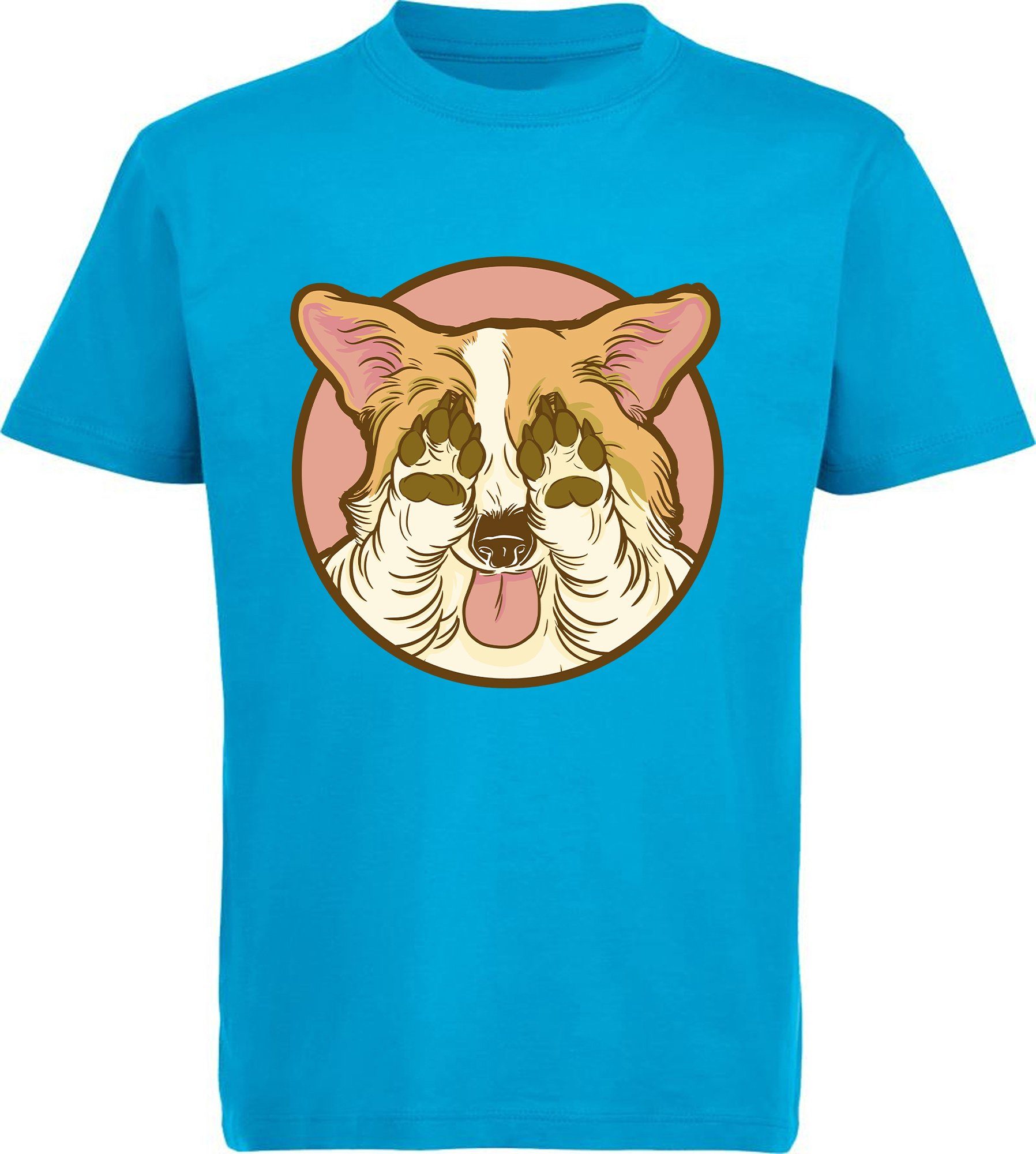 MyDesign24 Print-Shirt bedrucktes Kinder Hunde T-Shirt - Corgi der seine Augen zu hält Baumwollshirt mit Aufdruck, i226 aqua blau