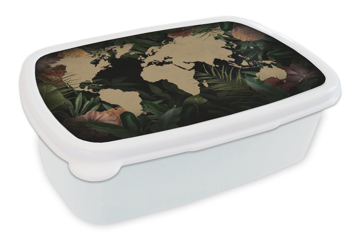 MuchoWow Lunchbox Weltkarte - Pflanzen - Blumen, Kunststoff, (2-tlg), Brotbox für Kinder und Erwachsene, Brotdose, für Jungs und Mädchen weiß
