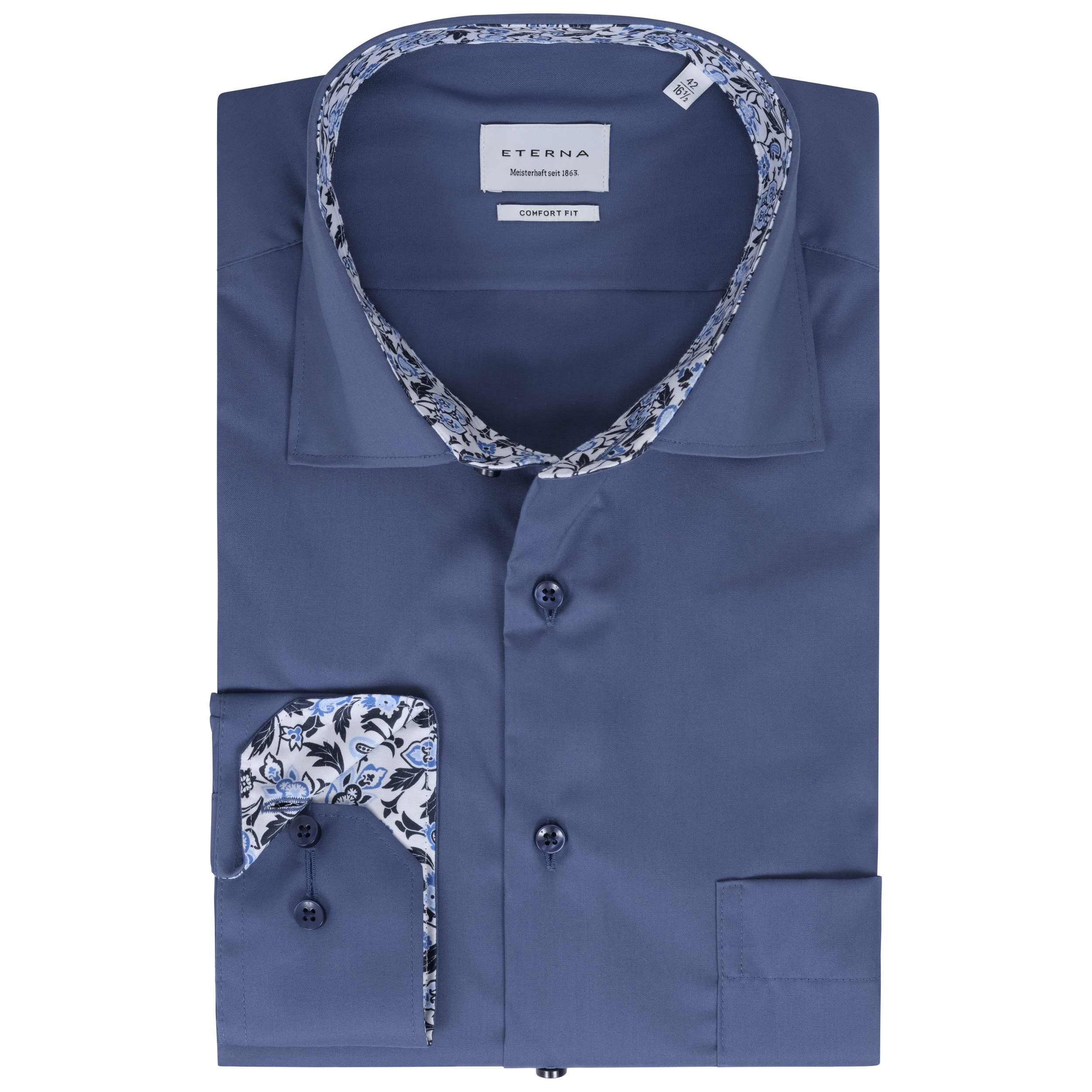 Eterna Businesshemd COMFORT FIT I Bügelfrei I Blau I 100% Baumwolle Langarm 65cm I Kentkragen mit Ausputz I mit Brusttasche