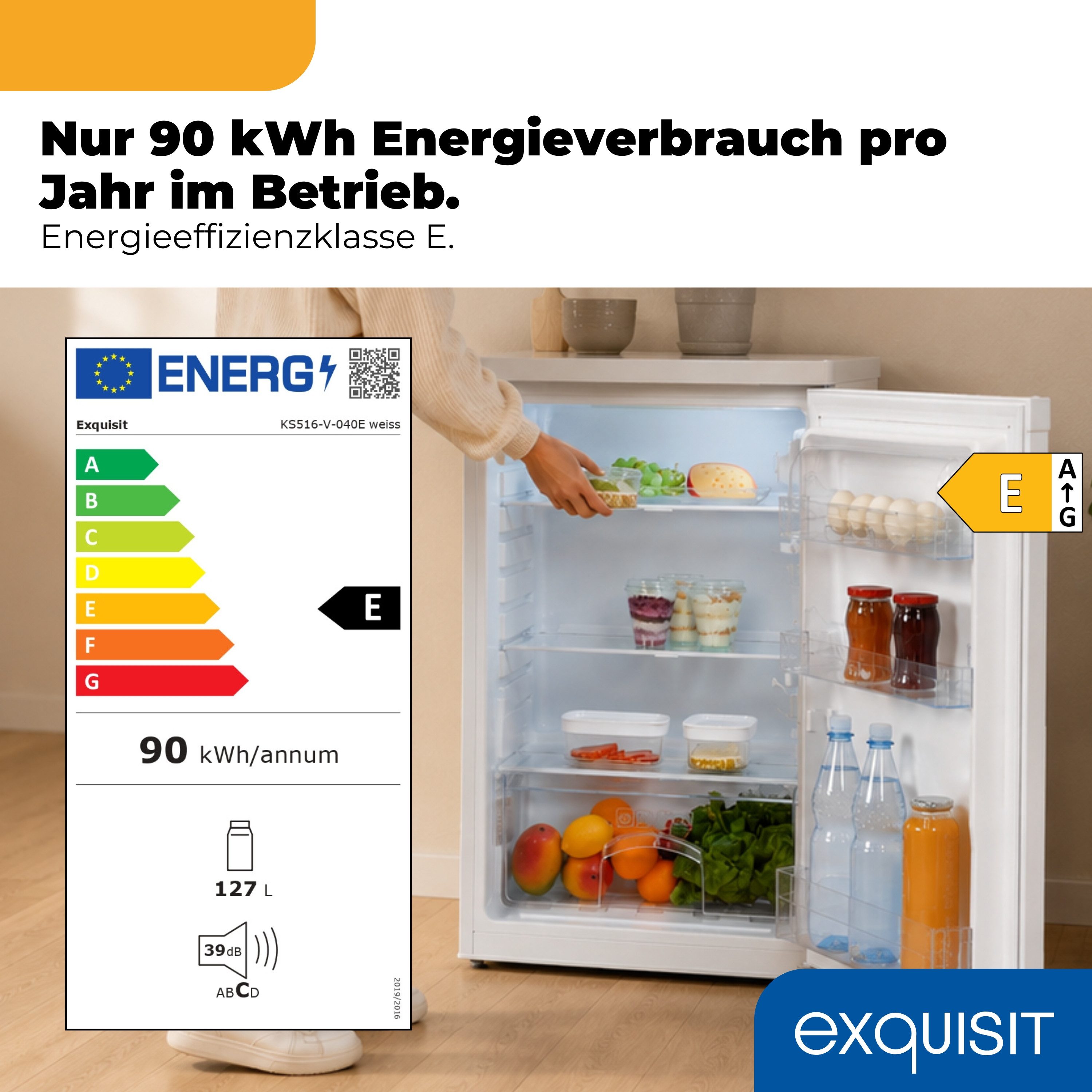 exquisit Vollraumkühlschrank KS516-V-040E, 85.5 cm hoch, 55 cm breit, 127 l Nutzinhalt, LED Beleuchtung, Energieklasse E, 39 dB