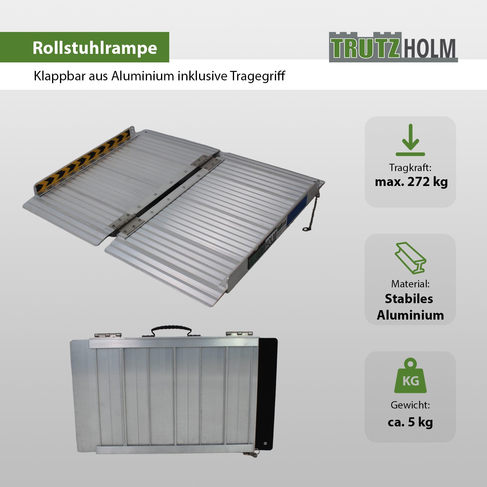 TRUTZHOLM Auffahrrampe Rollstuhlrampe klappbar 61cm Traglast 272 kg Alu grau geriffelt Rampe (1-St), Geriffelte Oberfläche, mit praktischem Tragegriff – Bild 4 von 5