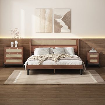 Ulife Komplettschlafzimmer modernes Rattan Doppelbett+Nachttisch+Kommode,160x200cm, (3-St), Nachttisch mit 2 Schubladen, Kommode mit 3 Schubladen