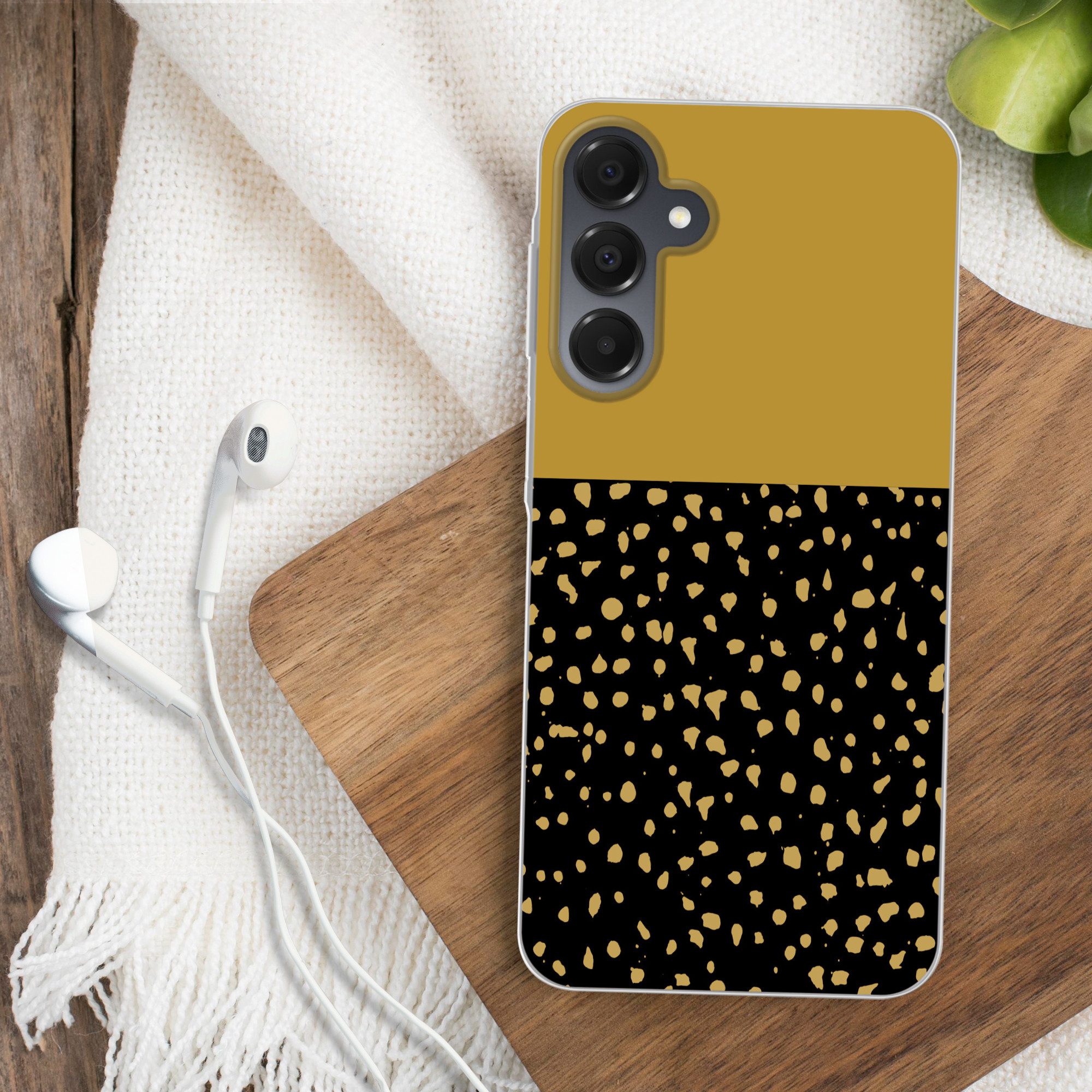 MuchoWow Handyhülle für Samsung Galaxy A16 5G Polka dots - Ockergelb - Schwarz, Phone Case, Silikon, Schutzhülle Dünn
