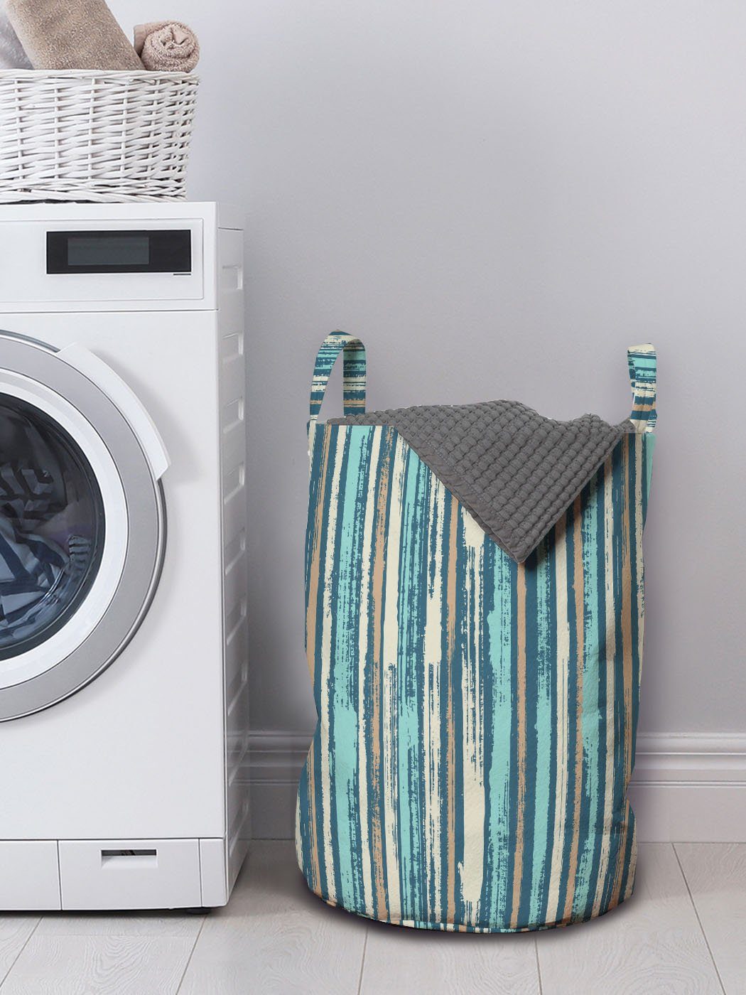Aquarell Linien Streifen Wäschekorb mit Waschsalons, für Wäschesäckchen Abakuhaus Rustic Kordelzugverschluss Griffen