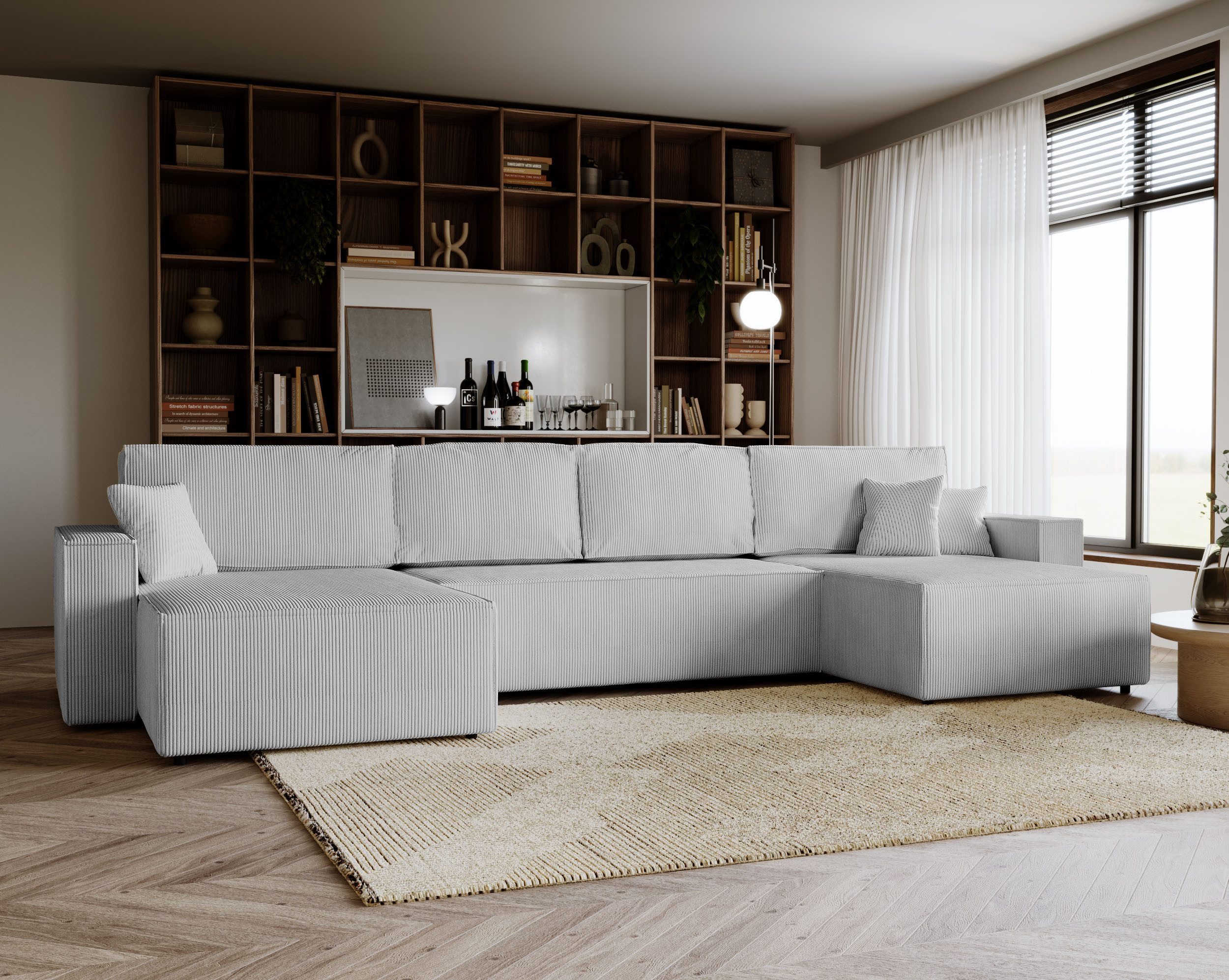 Goldstoff Ecksofa Cordstoff - U-Sofa mit Schlaffunktion und Bettkasten, Amalia Couch mit Cord-Bezug - Schlafsofa mit Liegefläche 330x147 cm - Stauraum - Komfort-Polsterung, Universell stellbar rechts/links