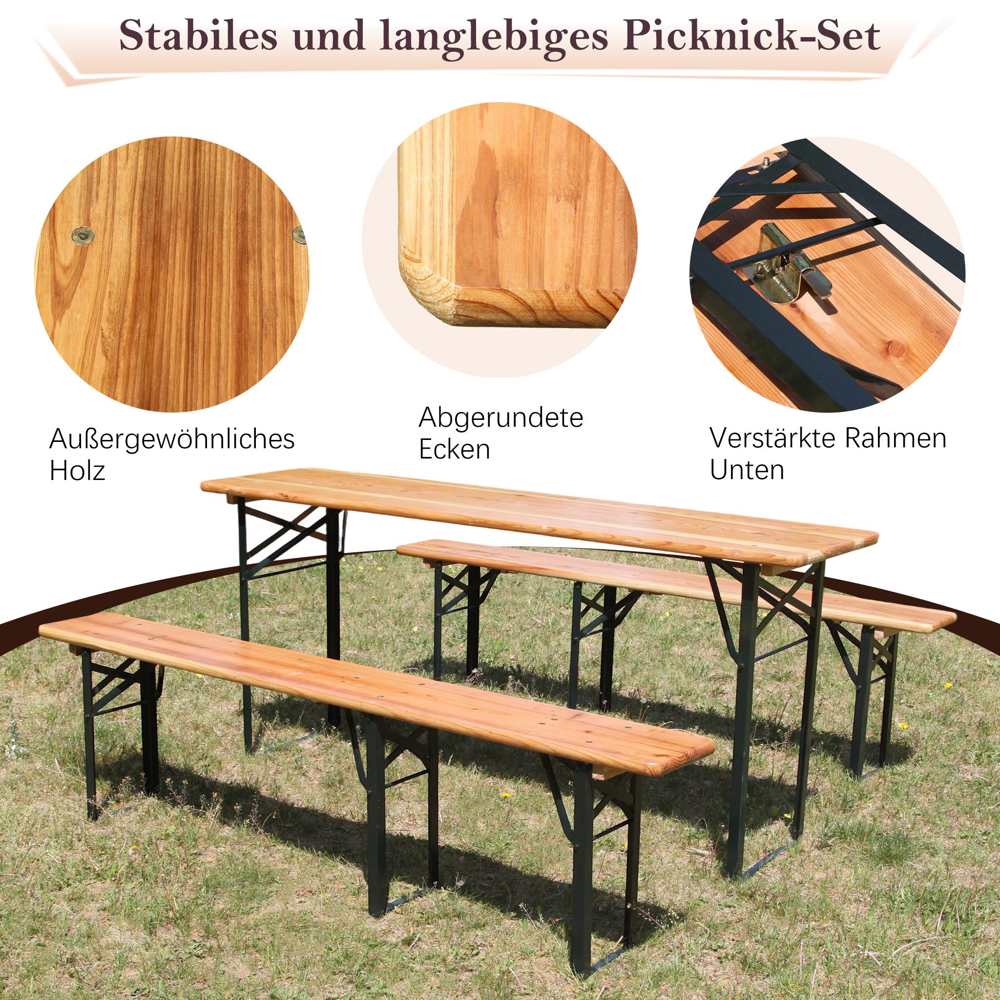 BlingBin Bierzeltgarnitur 3-teilig Faltbare Biertischgarnitur, Festzeltgarnitur, (3er Set, 3-tlg., Abmessungen: 177x46x 78cm, Belastbarkeit: 200kg), Wetterfeste Kiefer Massiv, Platzsparend, Festzeltgarten, Holzfarbe