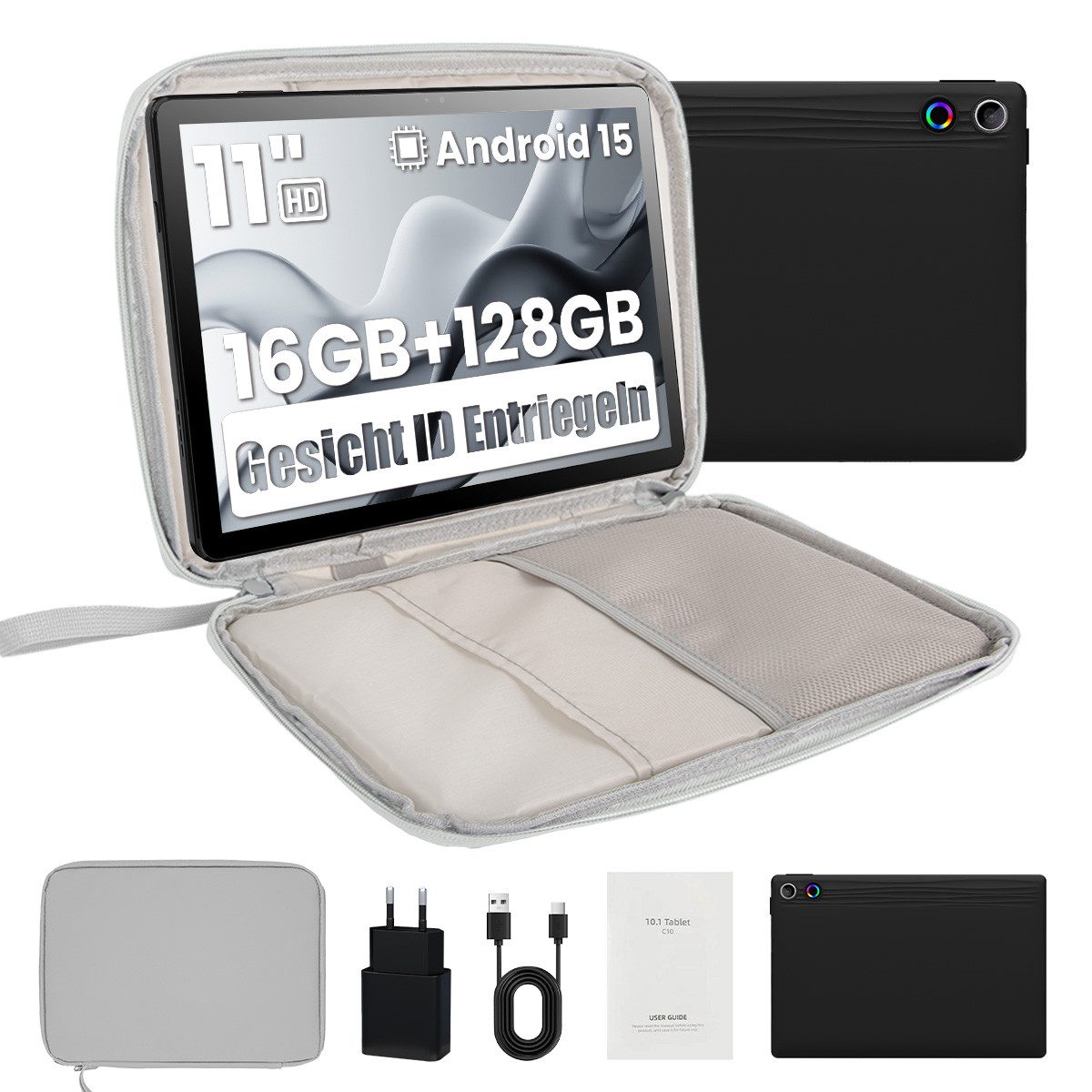 BUFO 11 Zoll Octa-Core 16(4+12)GB+128GB 1280x800 IPS HD 6800mAh WiFi 6 Tablet (11", 128 GB, Android, 2,4G/5G WiFi, 5MP+8MP Kamera, Unterstützung WidevineL1, Split-Screen Funktion)