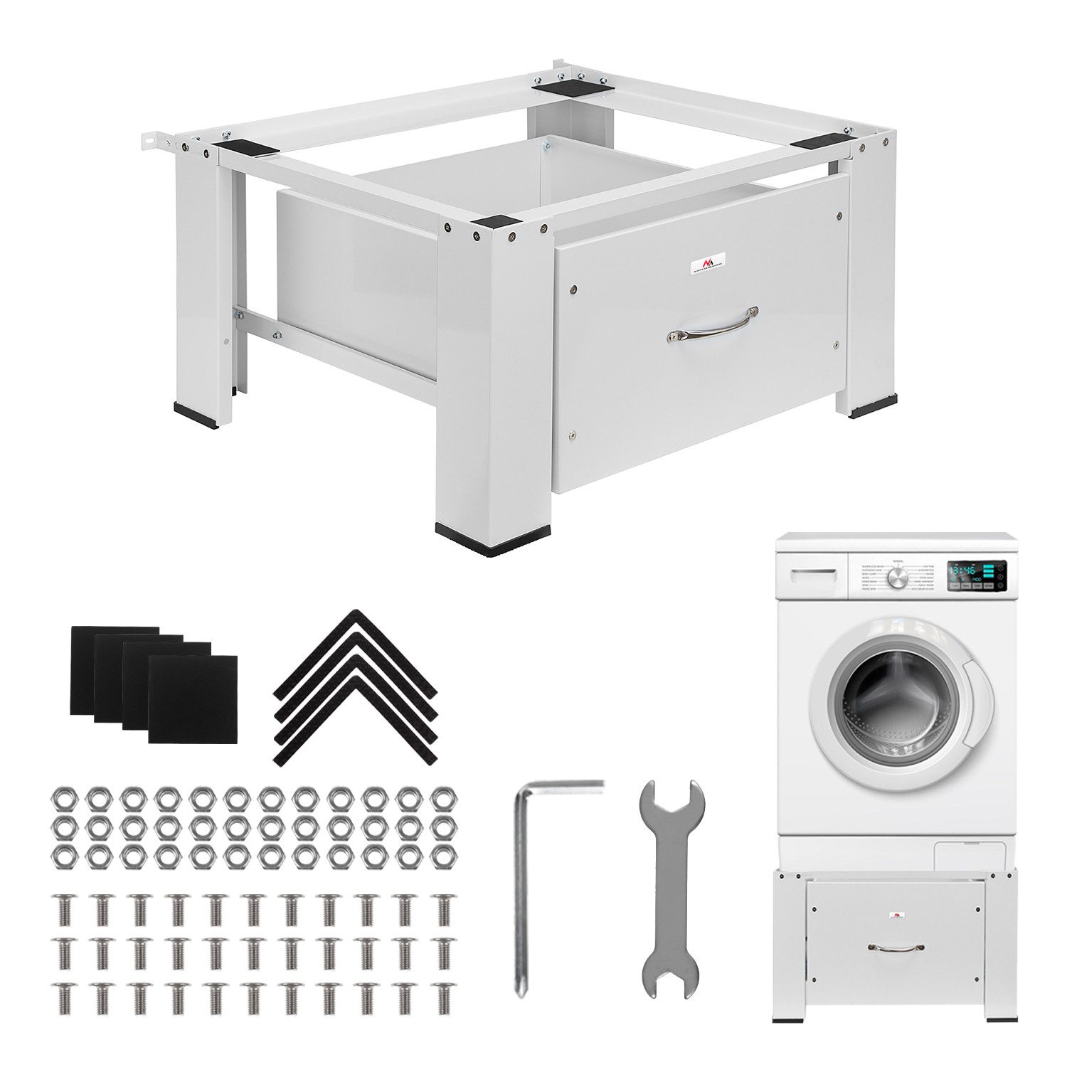 Maclean Waschmaschinenuntergestell MC-117 W Waschtrocknersockel mit Schublade, Sockel für Waschmaschine / Trockner max. Belastung 150kg