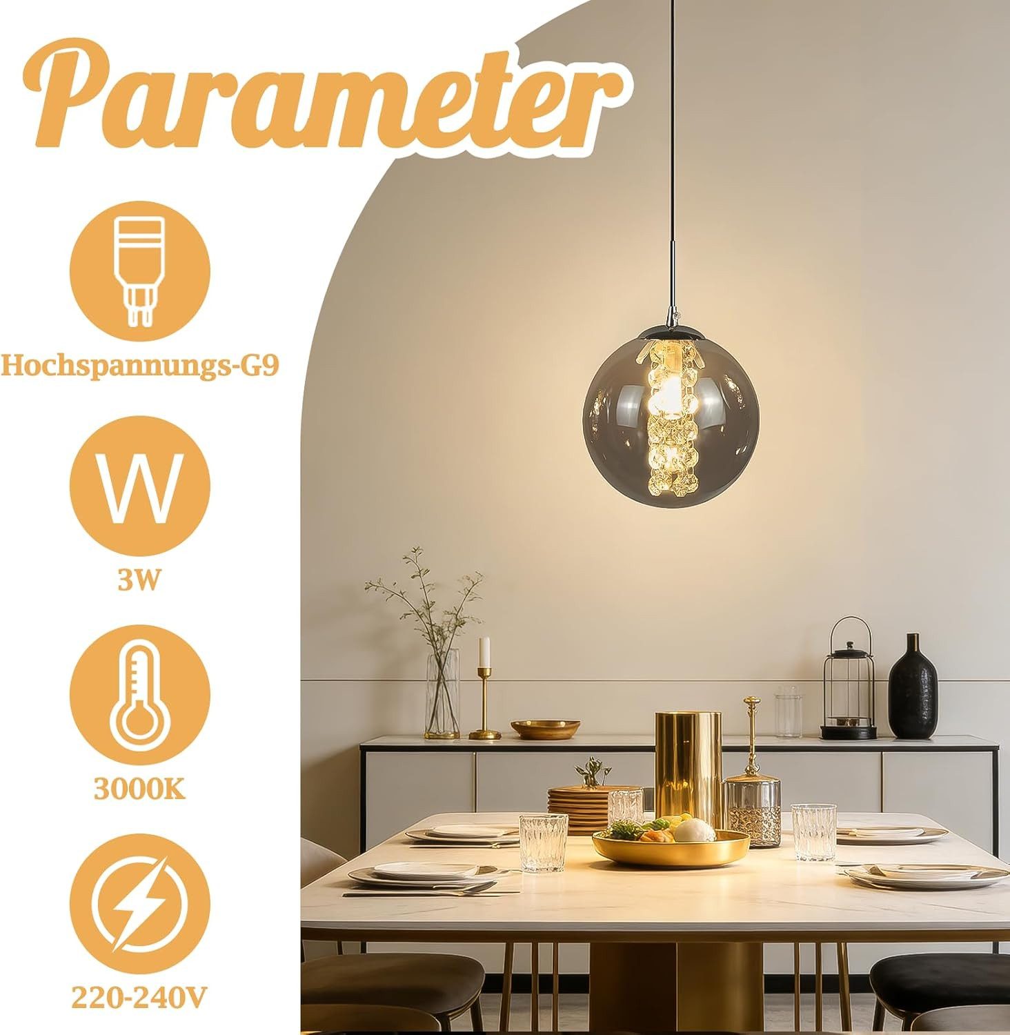 Nettlife Pendelleuchte G9 Deckenlampe Bernstein/Grau Glas Industriestil, Höheverstellbar, LED wechselbar, Warmweiß, für Küchen Wohnzimmer Schlafzimmer Flur