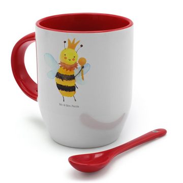 Mr. & Mrs. Panda Tasse Biene König - Weiß - Geschenk, Tasse mit Löffel, Hummel, Kaffeetasse, Keramik, Farbiger Löffel