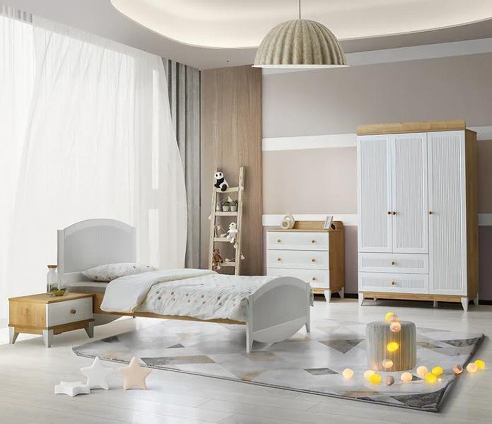 Jugendzimmer-Set Design Kinderzimmer Bett Set 4tlg aus Holz in Weiß