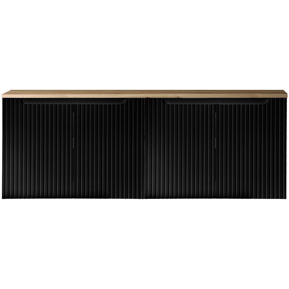 Lomadox Waschbeckenschrank NEWPORT-56-BLACK 160cm, in schwarz mit Eiche, gerillte Front, grifflos