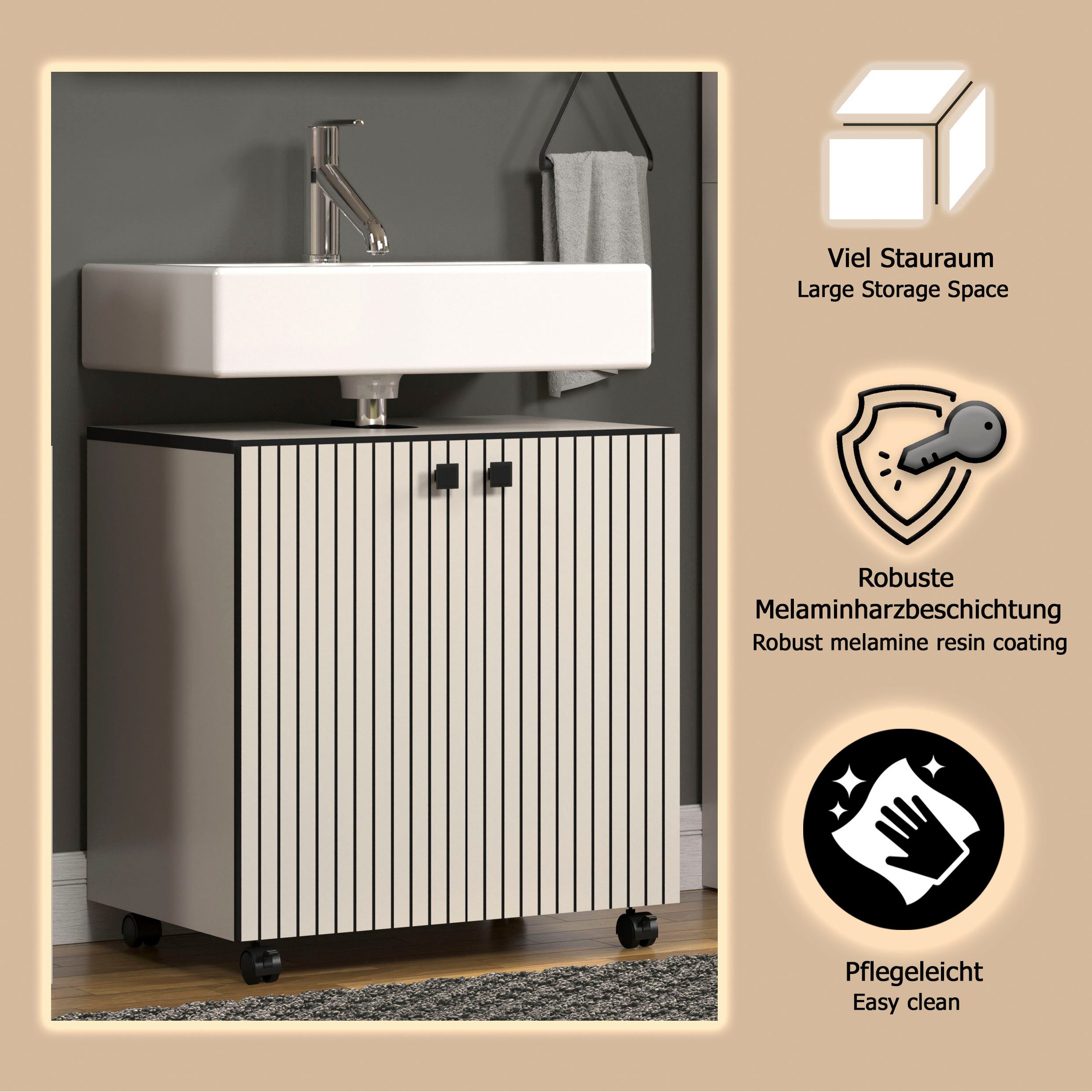 welltime Waschbeckenunterschrank Amrum Waschtisch auf Rollen - (B/T/H) wahlweise 60-80/42/64 cm – Bild 4 von 5