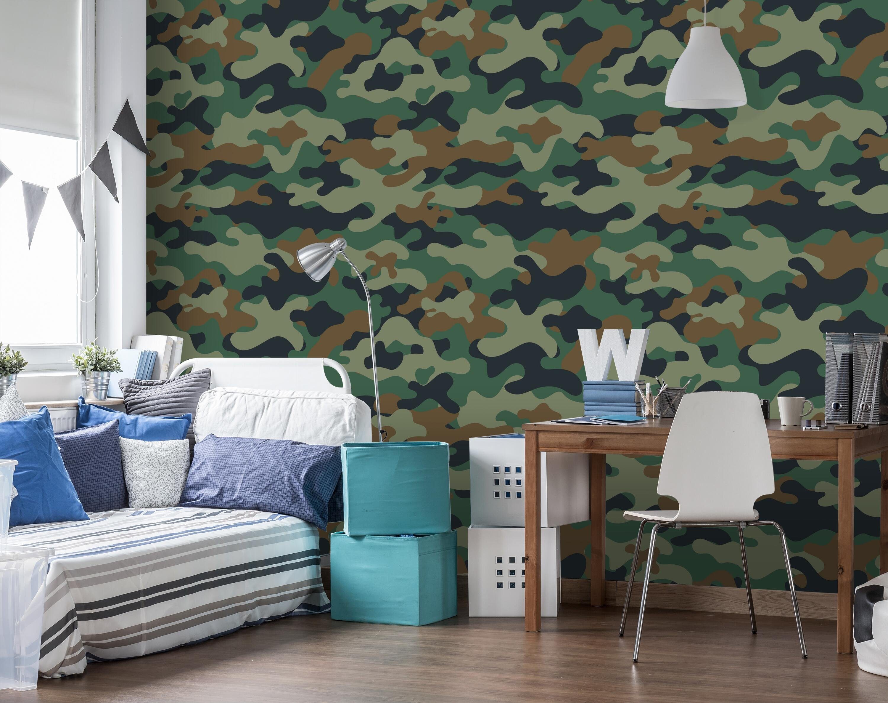Wandtapete, Fototapete Camouflage glatt, Muster matt, wandmotiv24 grün, Motivtapete, Vliestapete