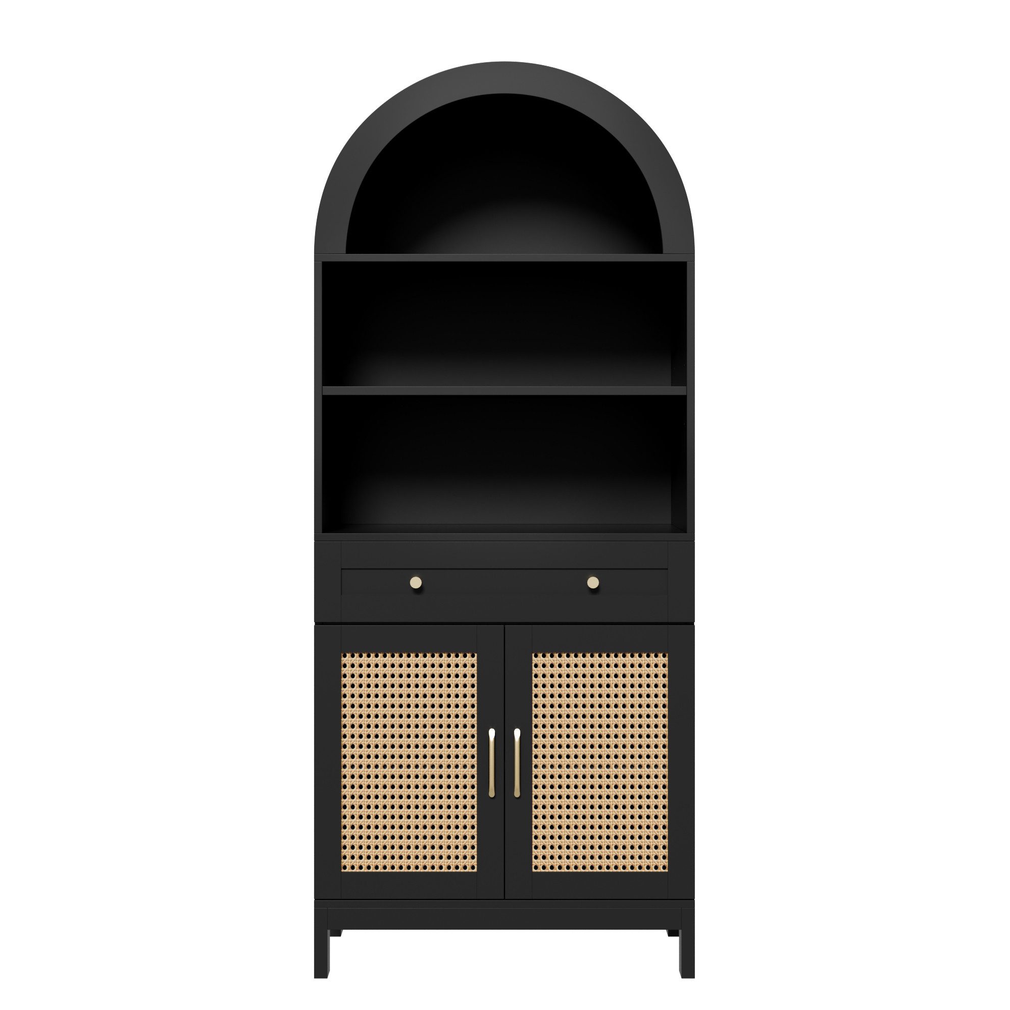 Flieks Hochschrank Bogenform mit Rattan-Doppeltüren, großer Schublade, 3 offener Fächern (gewölbter Aufbewahrungsschrank in Landhausstil, 1-St., B70/T40/H170 cm – Bild 5 von 5