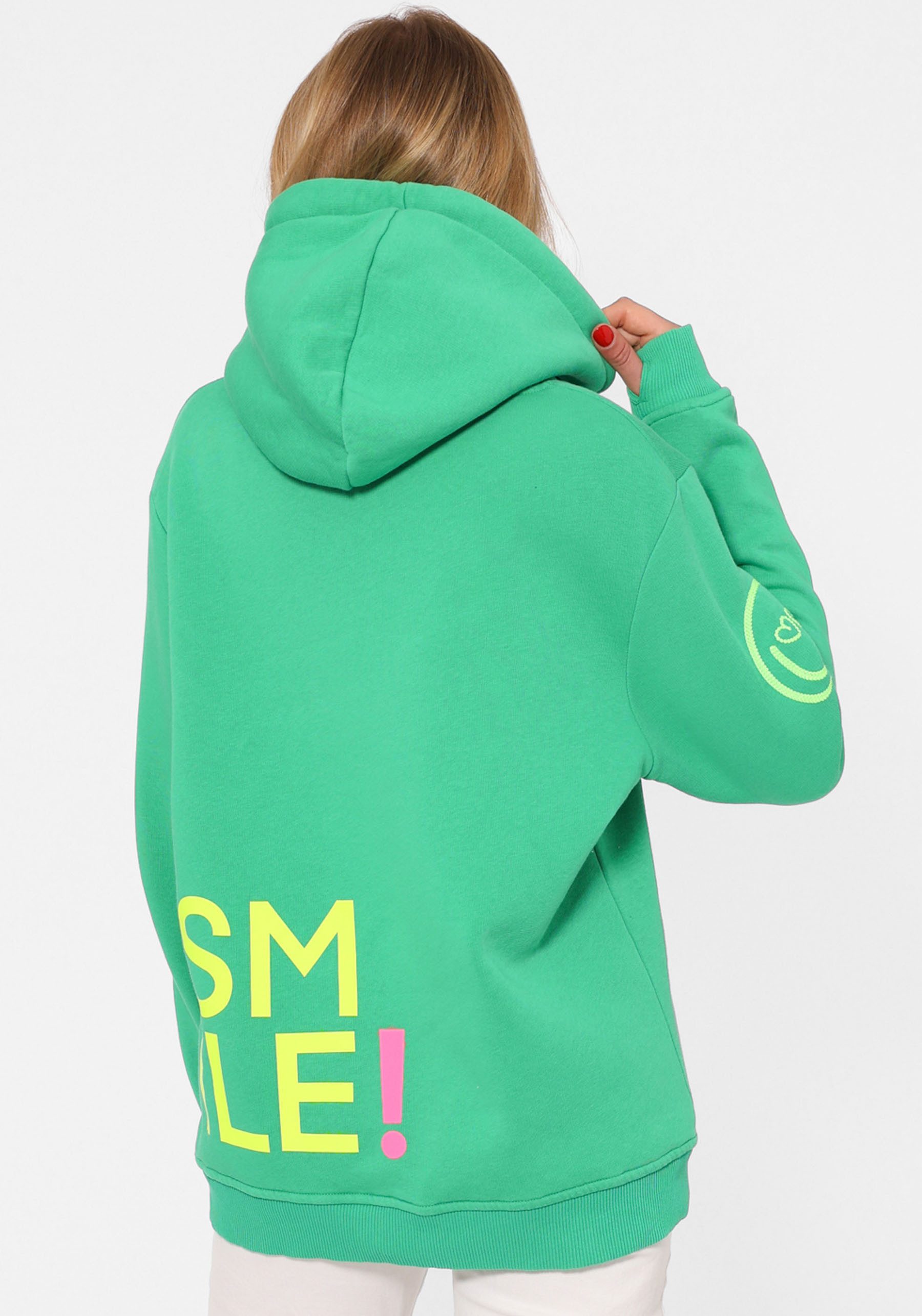 Zwillingsherz Hoodie "Alissa" Langarm, Kapuze, Neon-Details, Kordelzug, Frontprint, Kängurutasche