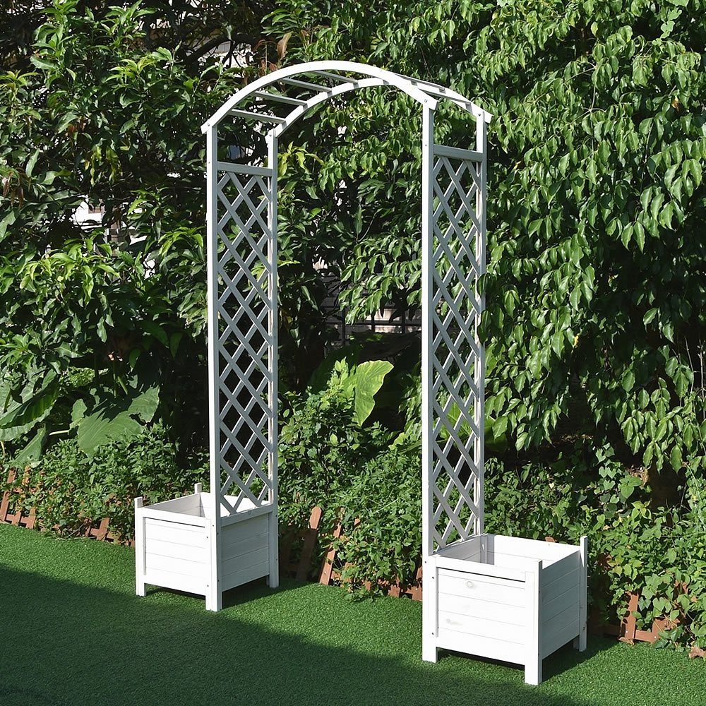 Feel2Home Rosenbogen Rosenbogen Weiß mit Blumenkübeln Spalier Rankhilfe Gitter Holz Pergola Stück, 1 St., 2 seitliche Pflanzkübeln