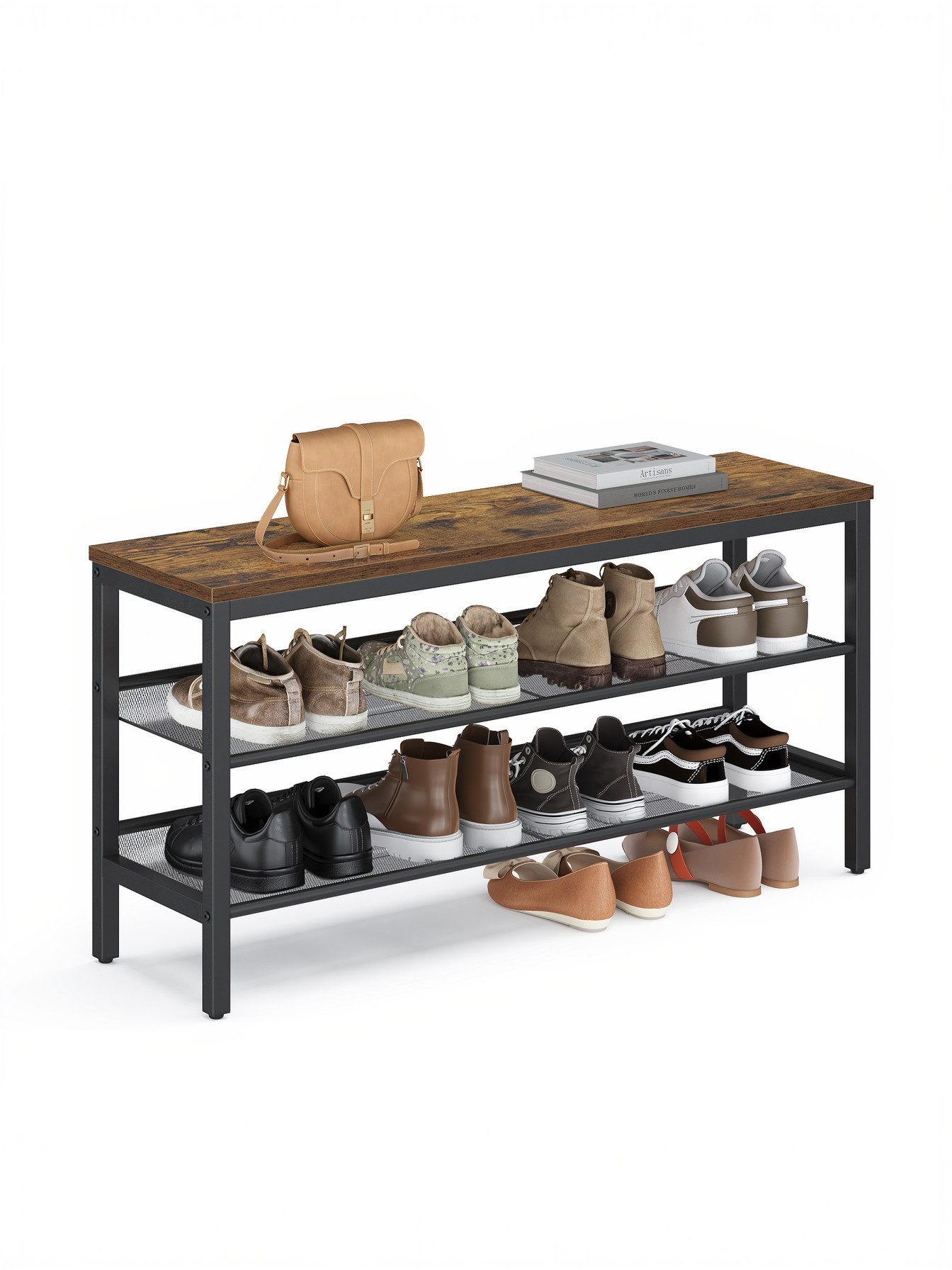 VASAGLE Schuhbank, 3 Ebenen, Schuhregal im Industrie-Stil, für Flur, einfache Montage