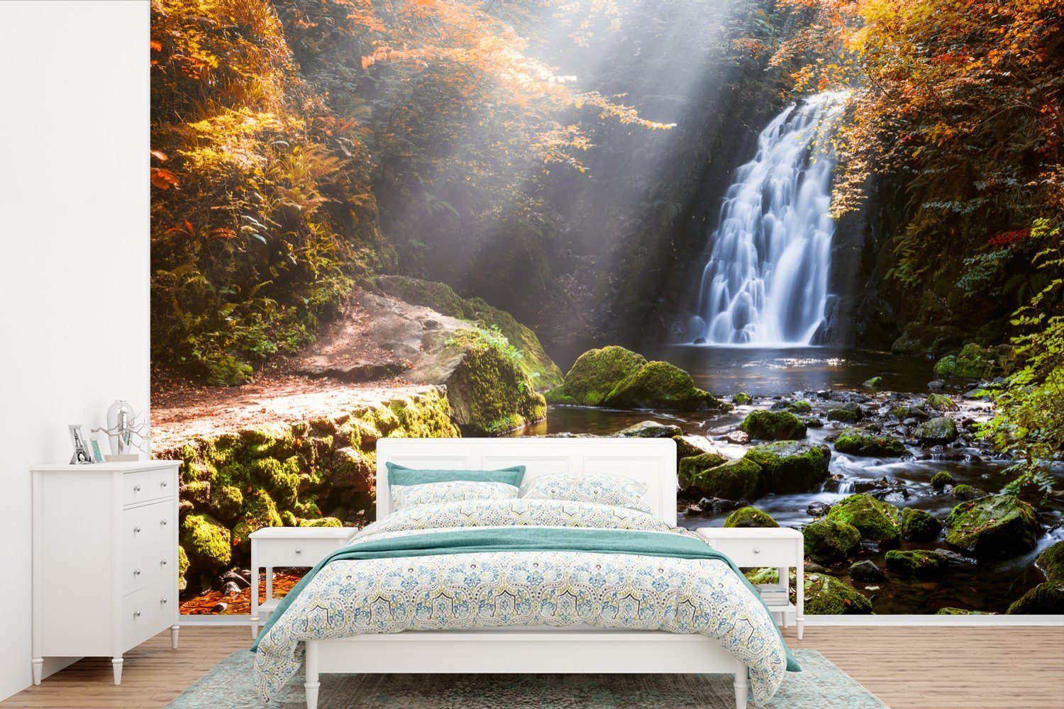 MuchoWow Fototapete Wasserfall im Herbst, Matt, bedruckt, (6 St), Wallpaper für Wohnzimmer, Schlafzimmer, Kinderzimmer, Vinyl Tapete