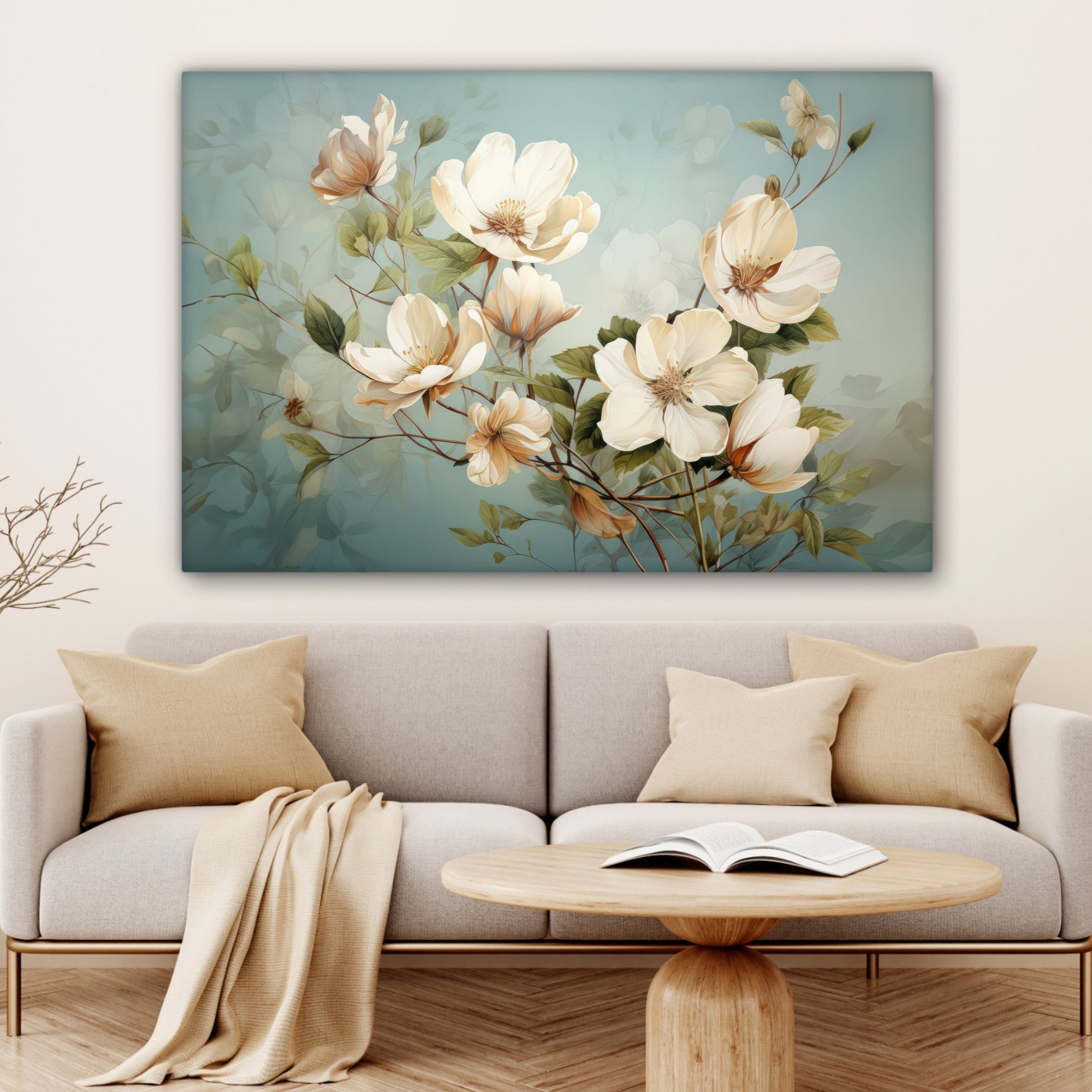 Gemälde, Natur Blumen - alle - - 120x80 Wohnbereiche, XXL, (1 Wandbild OneMillionCanvasses® Vintage, Weiß cm Leinwandbild St), für großes,