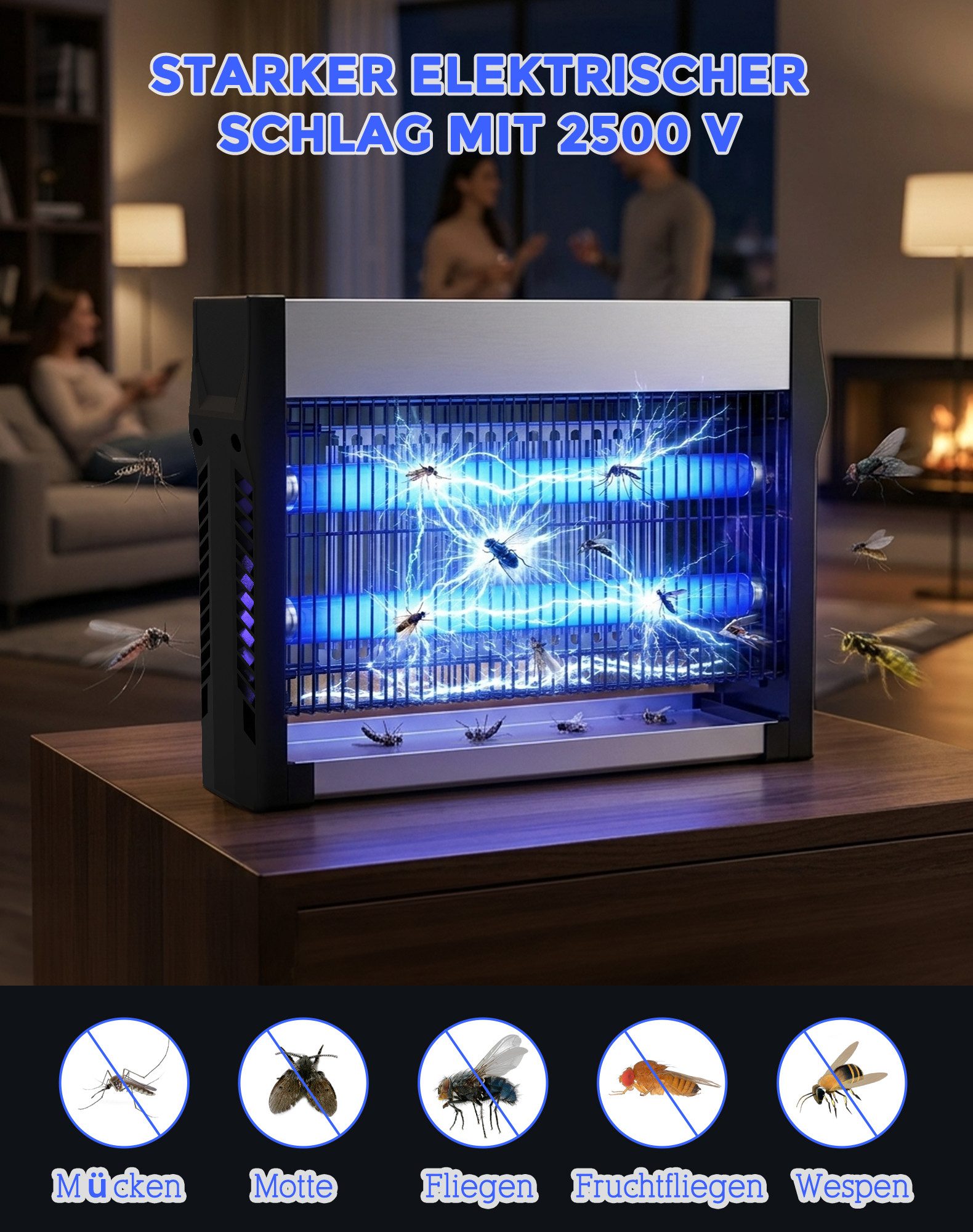 Fofile Insektenvernichter Mückenlampe Elektrisch 2500V mit 360° Mückenschutz Mückenfalle, 365nm UV Licht, 100 m² Reichweite, Chemiefrei Schutz