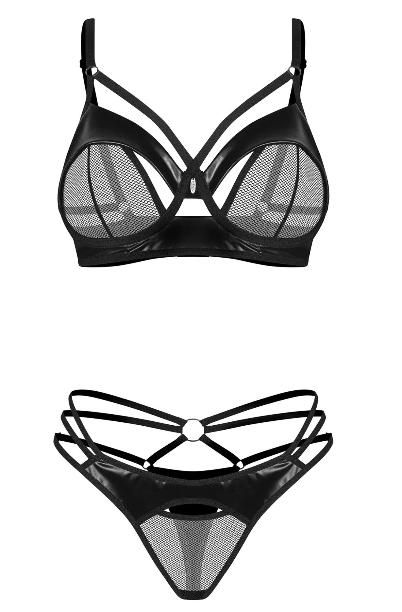Obsessive Set: Bügel-BH Dominna Set: BH und String Wetlook und Netz - schwarz (2-tlg) lederähnliches Material und verführerisches Mesh