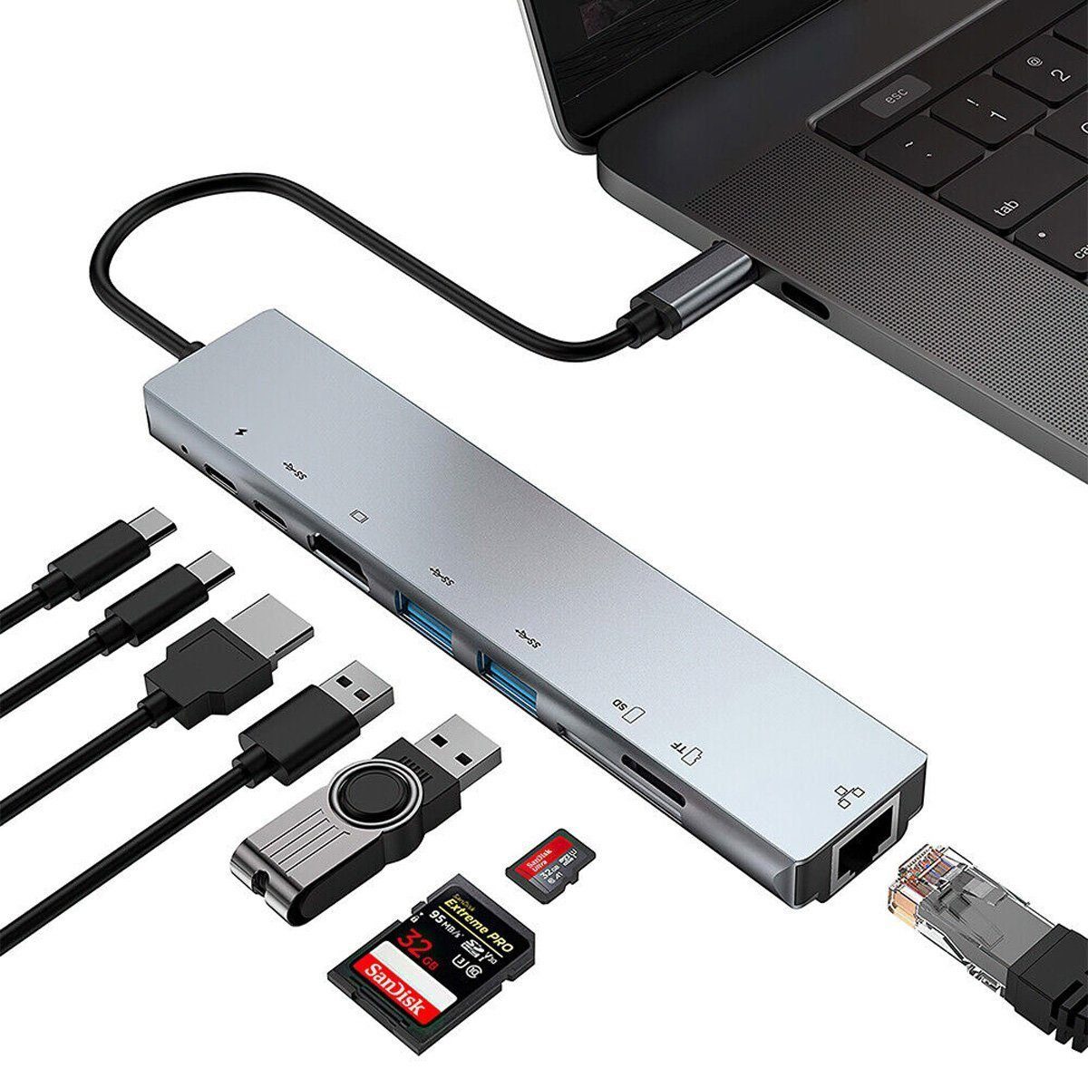 yozhiqu USB-Verteiler 8-in-1 USB-C-Hub Typ-C HDMI RJ45 (1-St), Multiport-Kartenleser-Adapter für MacBook Pro