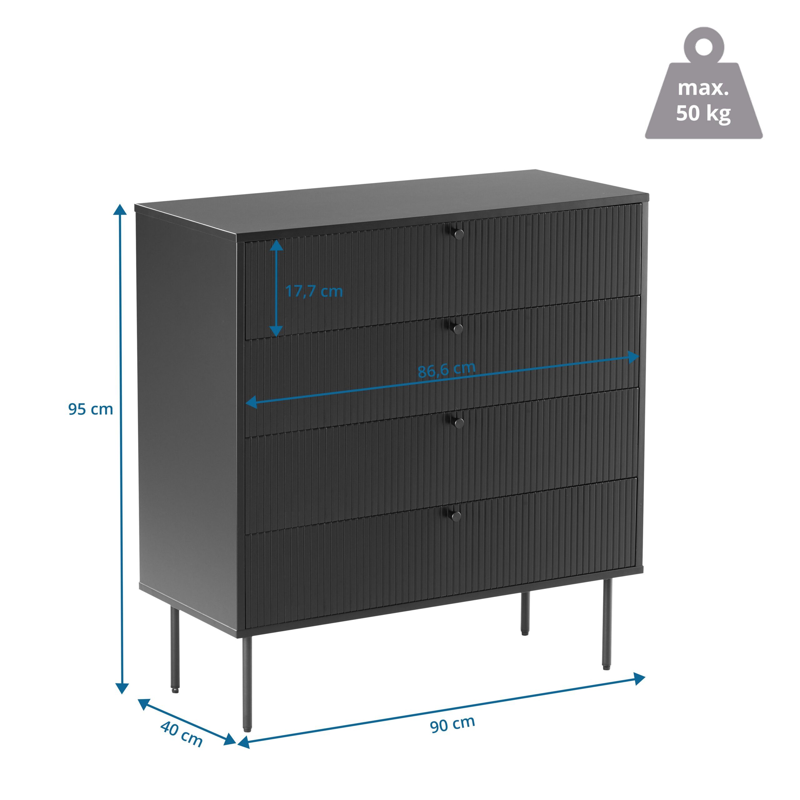 hjh LIVING Kommode KARBY K Sideboard H/B/T: 95.0 x 90.0 x 40.0 cm, Schubladenschrank Schrank mit 4 Schubladen, Metallfüße