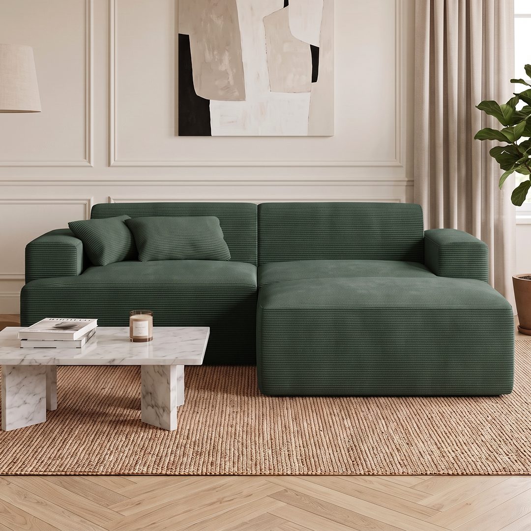 skølm Sofa Freki aus Cord, Vollschaumcouch mit Federkern und Vakuum-Kompression, Dunkelgrün, Couch 2 Sitzer mit Hocker und 2 Kissen, kein Aufbau erforderlich, 230 cm breit, gepolstert, vakuumiert