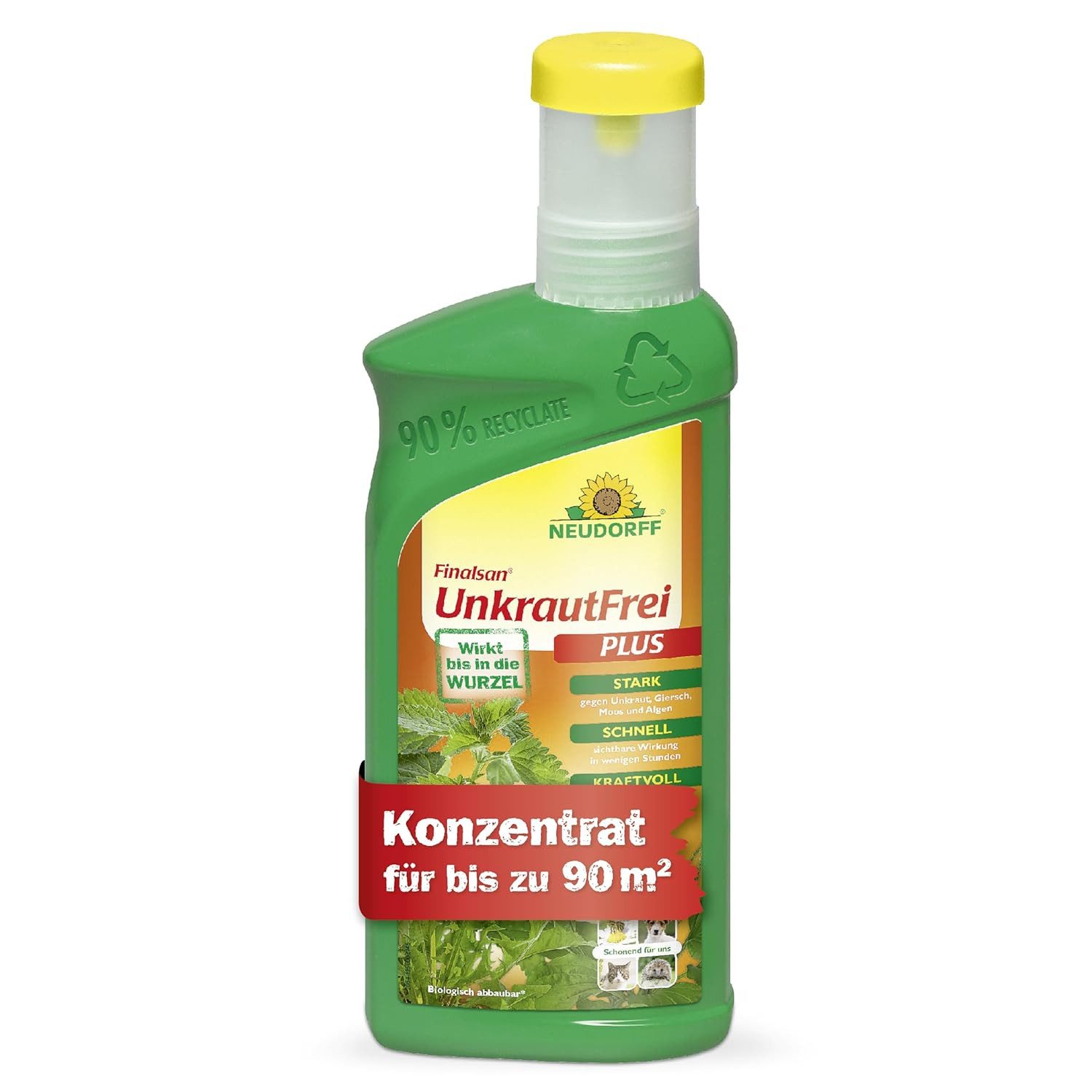 Neudorff Unkrautbekämpfungsmittel Unkrautbekämpfungsmittel Finalsan UnkrautFrei Plus 500 ml für 90 m², 500 ml, 1 St., schonend für Haustiere, Unkraut entferner ohne Glyphosat, 500 ml Konzentrat für bis zu 90 m² Einzelpackung, Glyphosatfreies Unkrautvernichter-Konzentrat mit 2-fach-Wirksystem