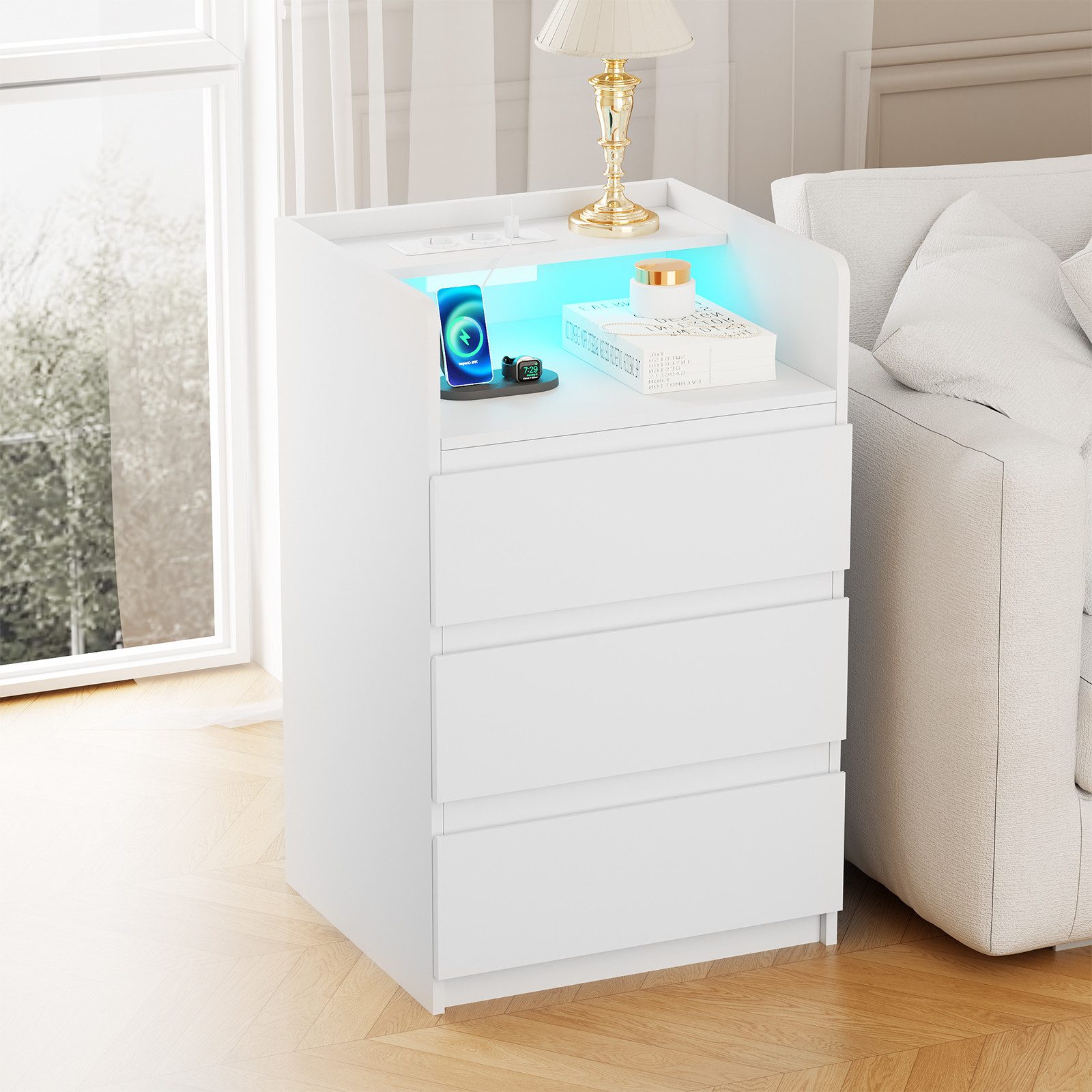 BEWISHOME Nachttisch mit LED-Beleuchtung, Steckdosen & USB-Anschlüssen, 40x35x68cm (1-St), Moderner Schlafzimmerschrank mit Stauraum